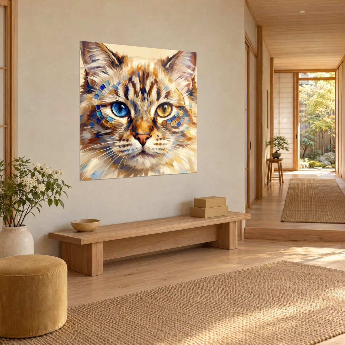 Schilderij portret van een kat met crème en bruin getijgerd vacht, koperroze snuit, driekwartzicht tegen een beige muur naast een houten bankje