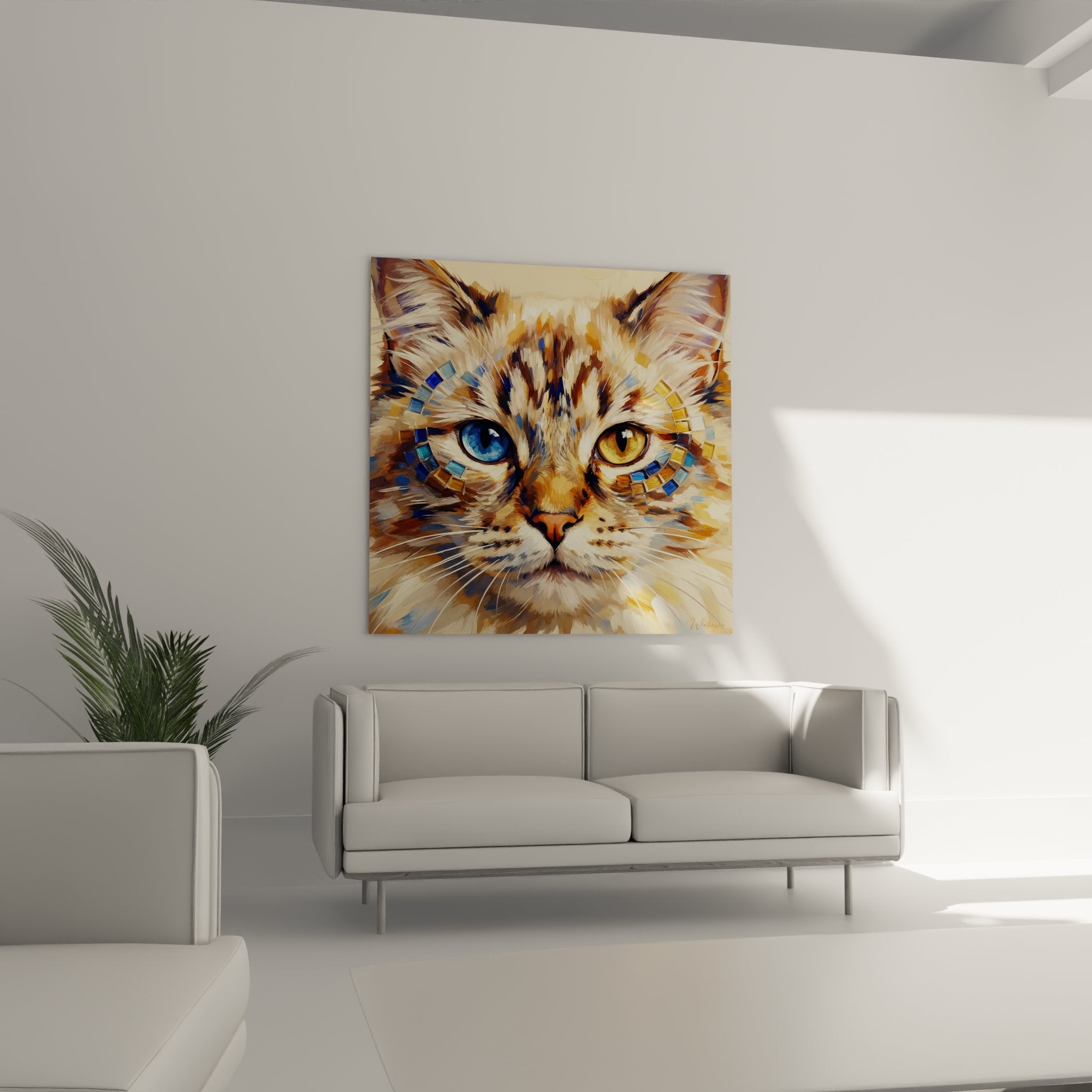 Primo piano del quadro gatto con occhi eterocromia blu oro con dettagli mosaico artistico