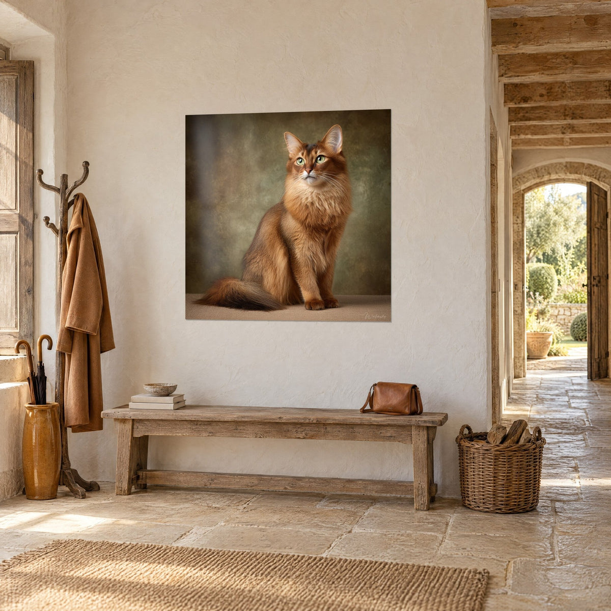 Gemälde Katze mit langem kupferfarbenem Fell und grünem Blick, wolkiger khakifarbener Hintergrund, cremefarbene Wand und Holzbank, Dreiviertelansicht