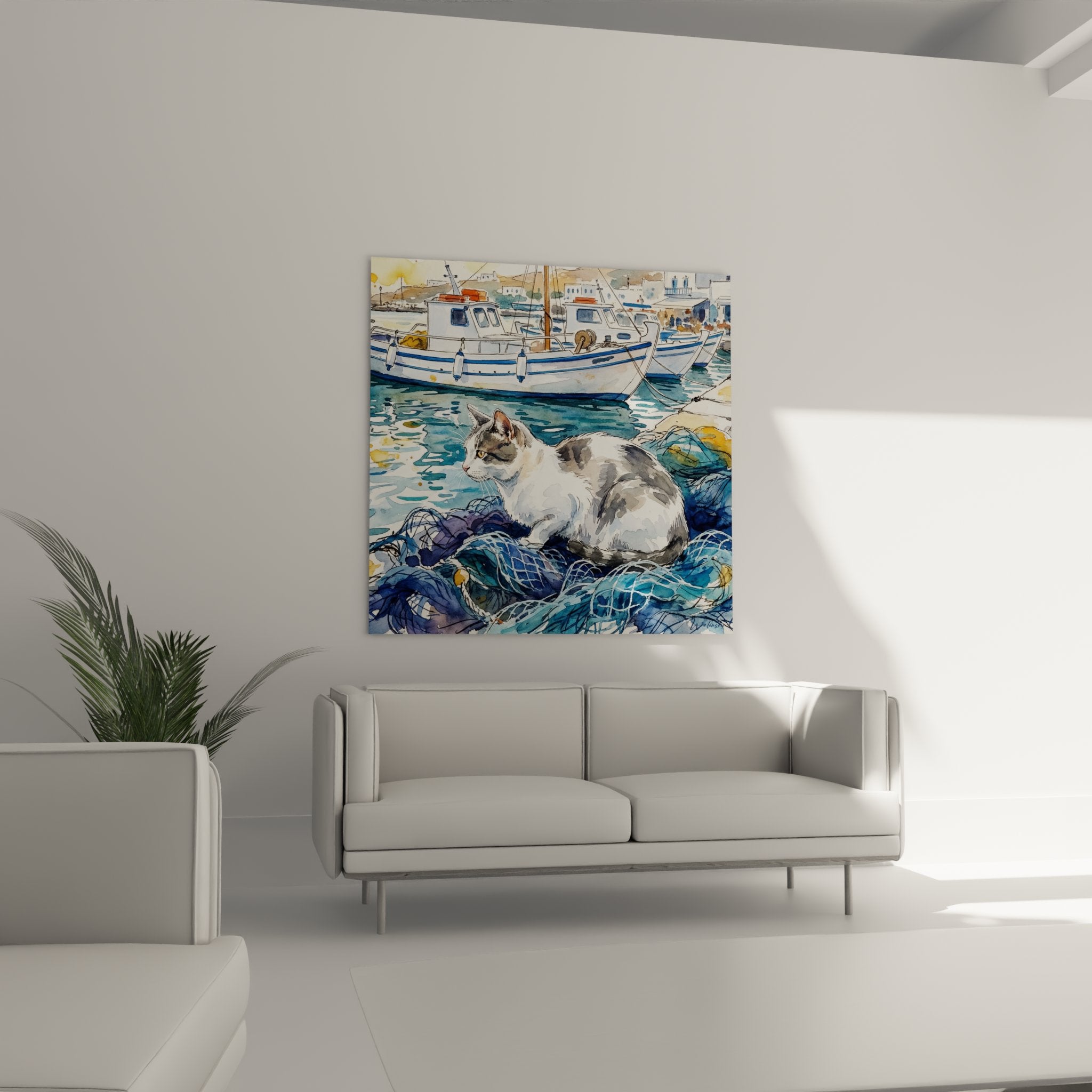 Dettaglio dell'acquerello che mostra il gatto European Shorthair dagli occhi verdi posato sulle reti da pesca blu