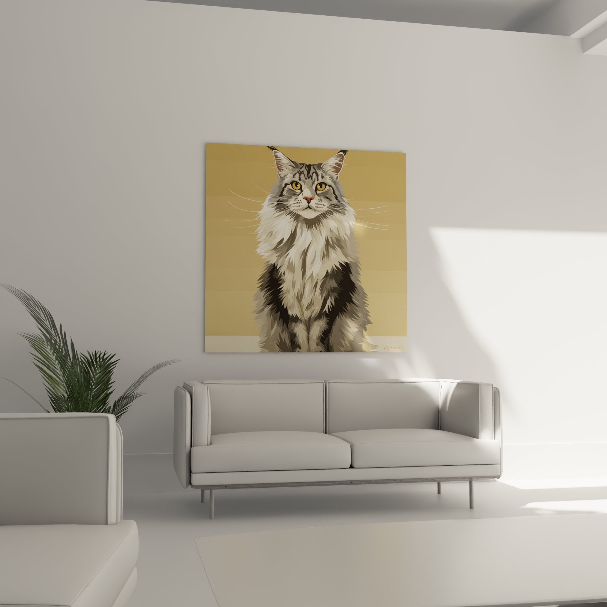 Détail rapproché du tableau chat sibérien montrant la finesse des traits et l'intensité du regard doré