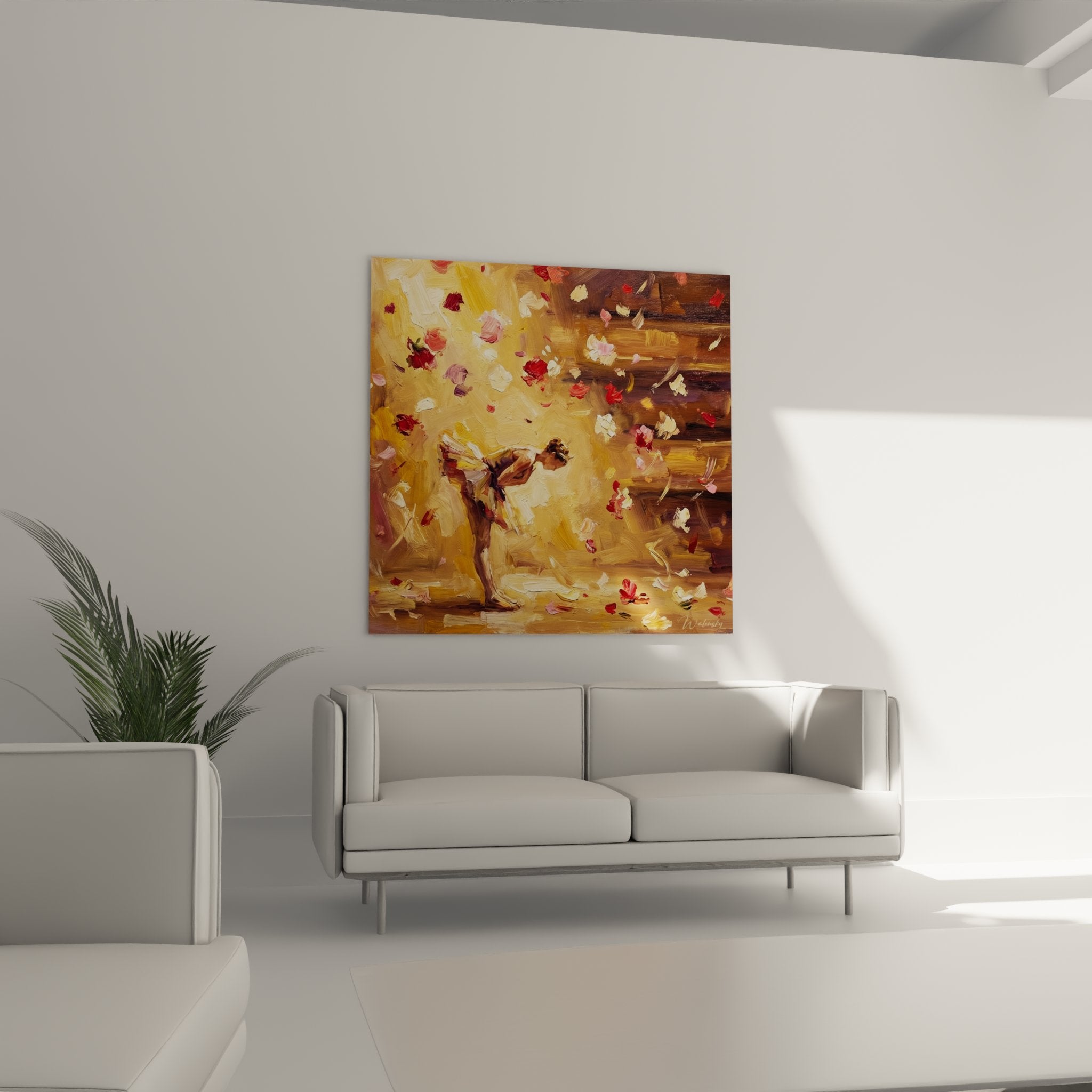 Dettaglio pennello pittura ballerina petali, tecnica impressionista, colori caldi ed espressivi