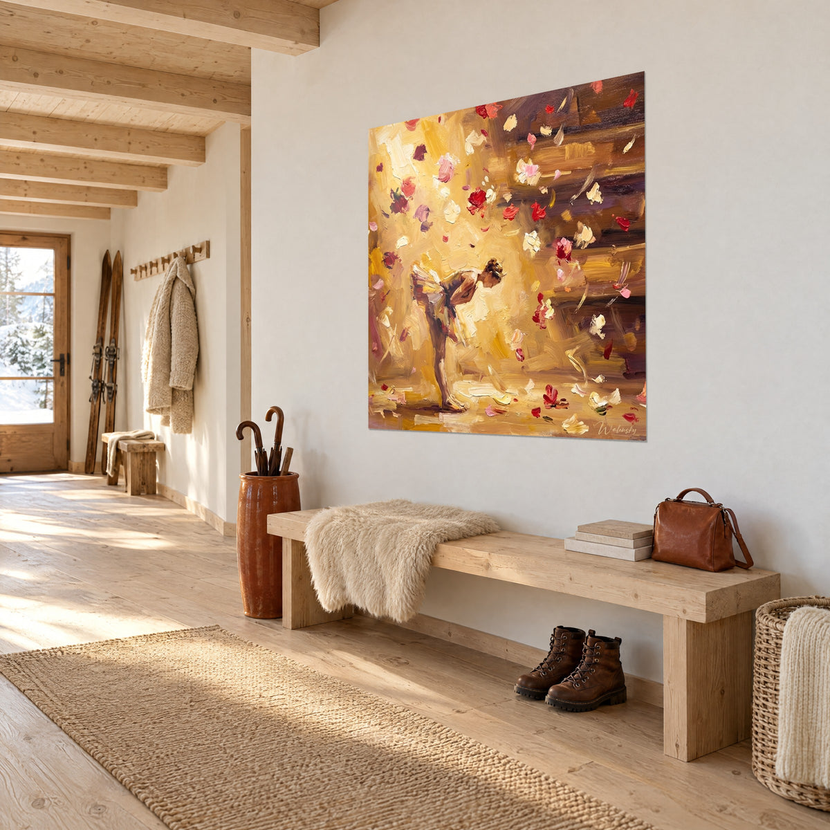Quadro ballerina in tutù color crema su pennellate a spatola giallo miele e viola, petali vorticosi, vista di tre quarti nell'ingresso