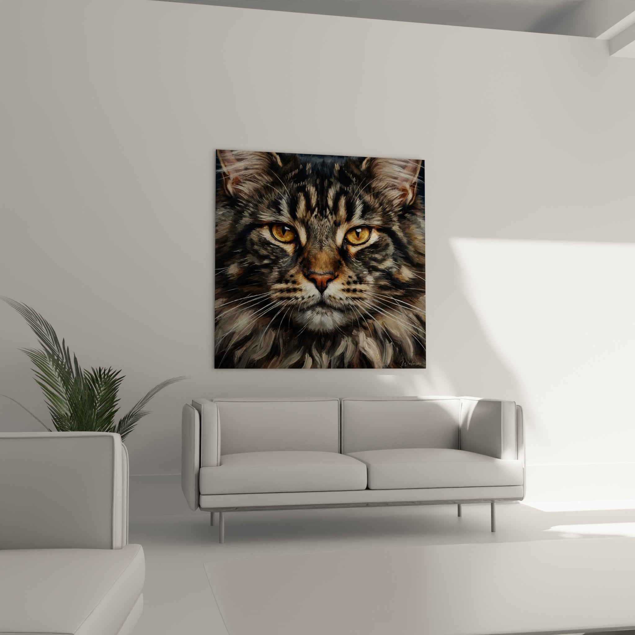 Close-up Maine Coon portrait artwork, tabby coat details and golden amber eyes, realistic painting technique
