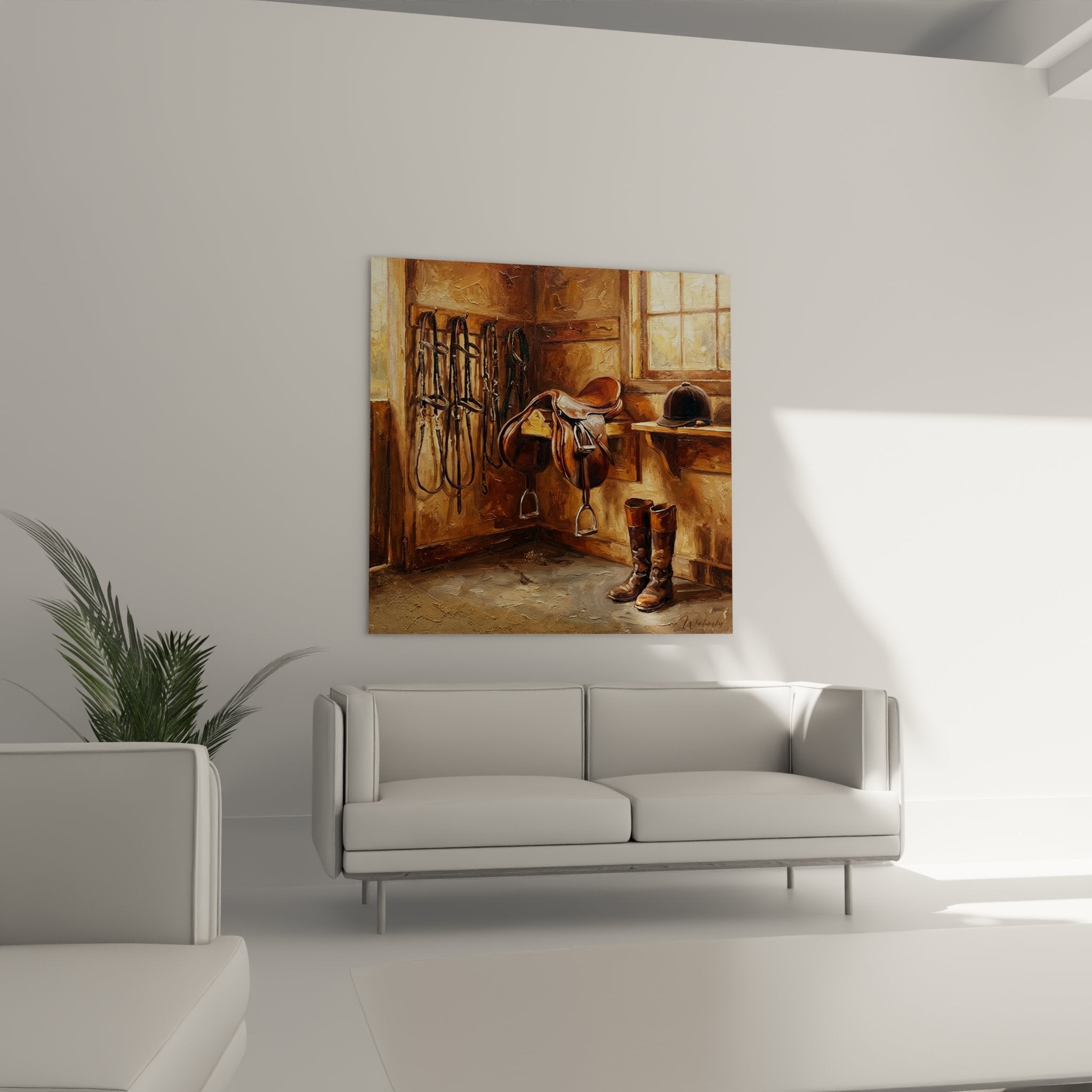 Dettaglio quadro selleria: sella in pelle, redini sospese e stivali da equitazione in stile realistico e caldo