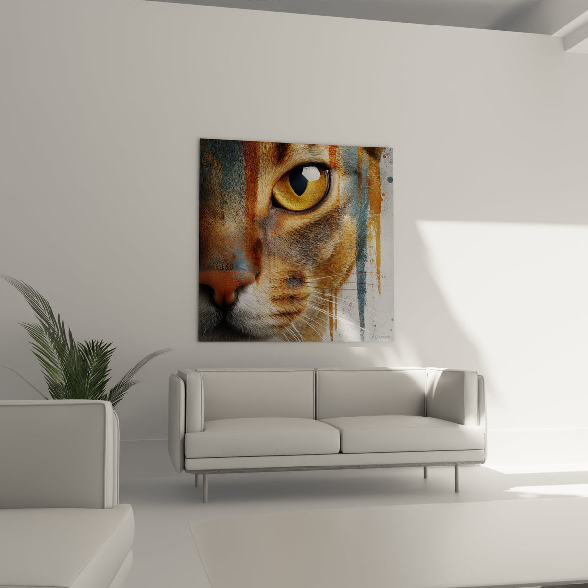 Nahaufnahme bernsteinfarbenes Auge Abyssinische Katze Wandkunstbild mit realistischer Felltextur