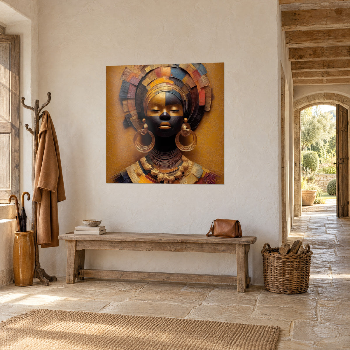 Cuadro rostro esculpido mitad dorado mitad negro, espirales de cobre en el cuello, fondo mostaza agrietado, en una pared blanca junto a un arco de piedra