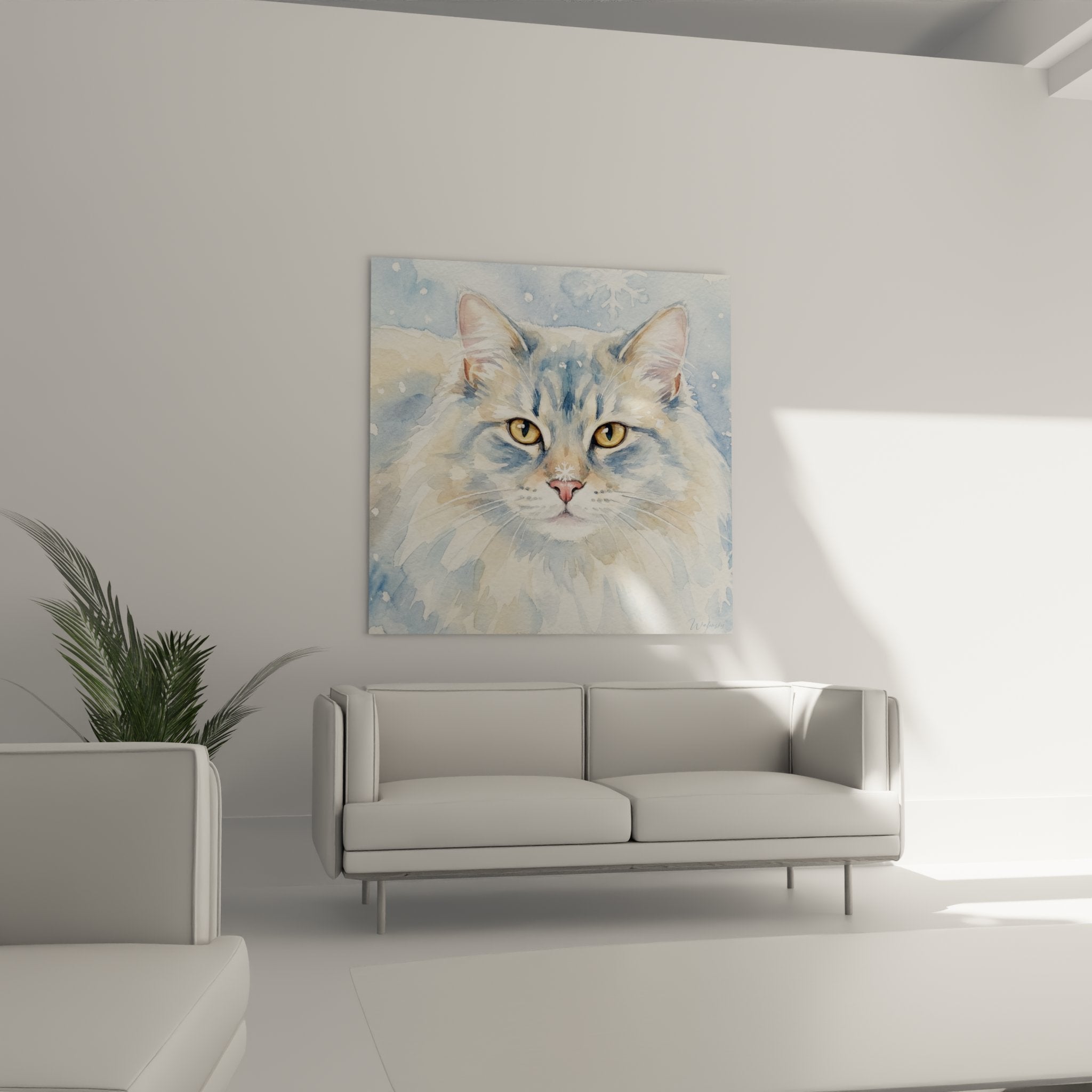 Watercolor detail Kurilian Bobtail cat golden eyes cream beige coat brush technique white snowflake strokes