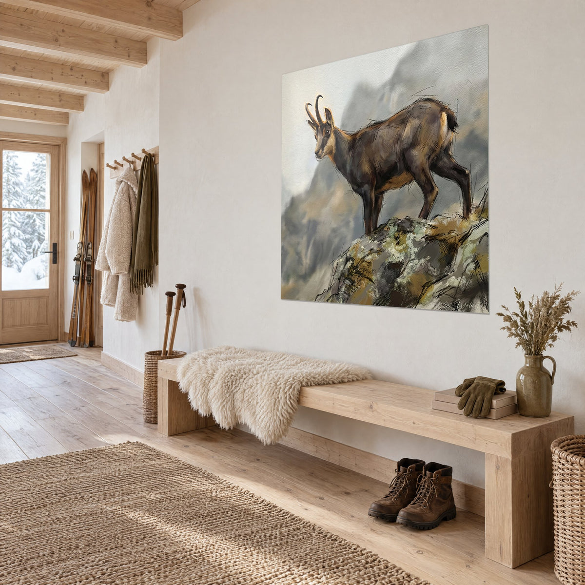Wall art of an ibex with curved horns, brown and beige tones against a grey misty background, hung beside a chalet bench