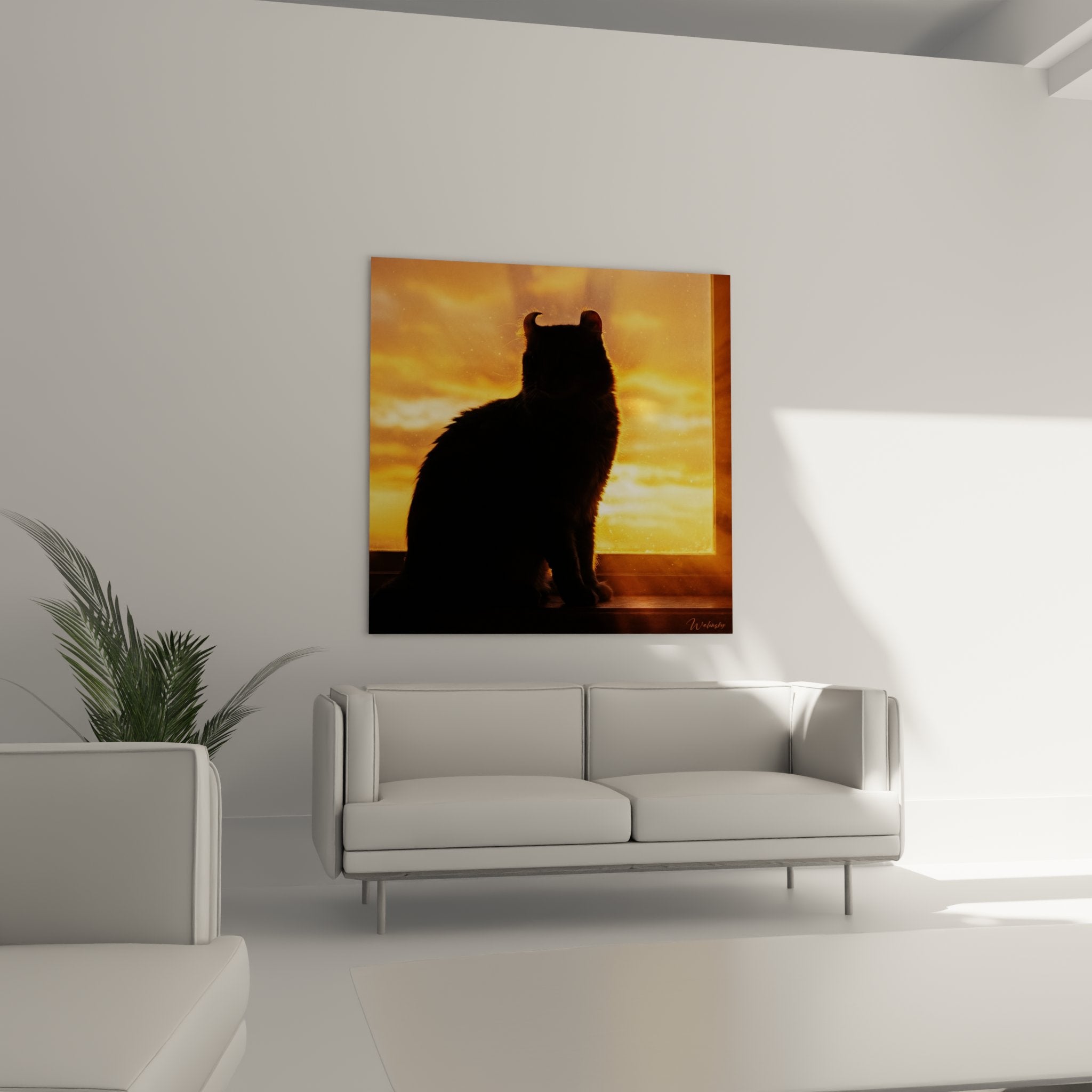 Detail tableau chat American Curl silhouette lumiere doree oreilles recourbees art animalier qualite
