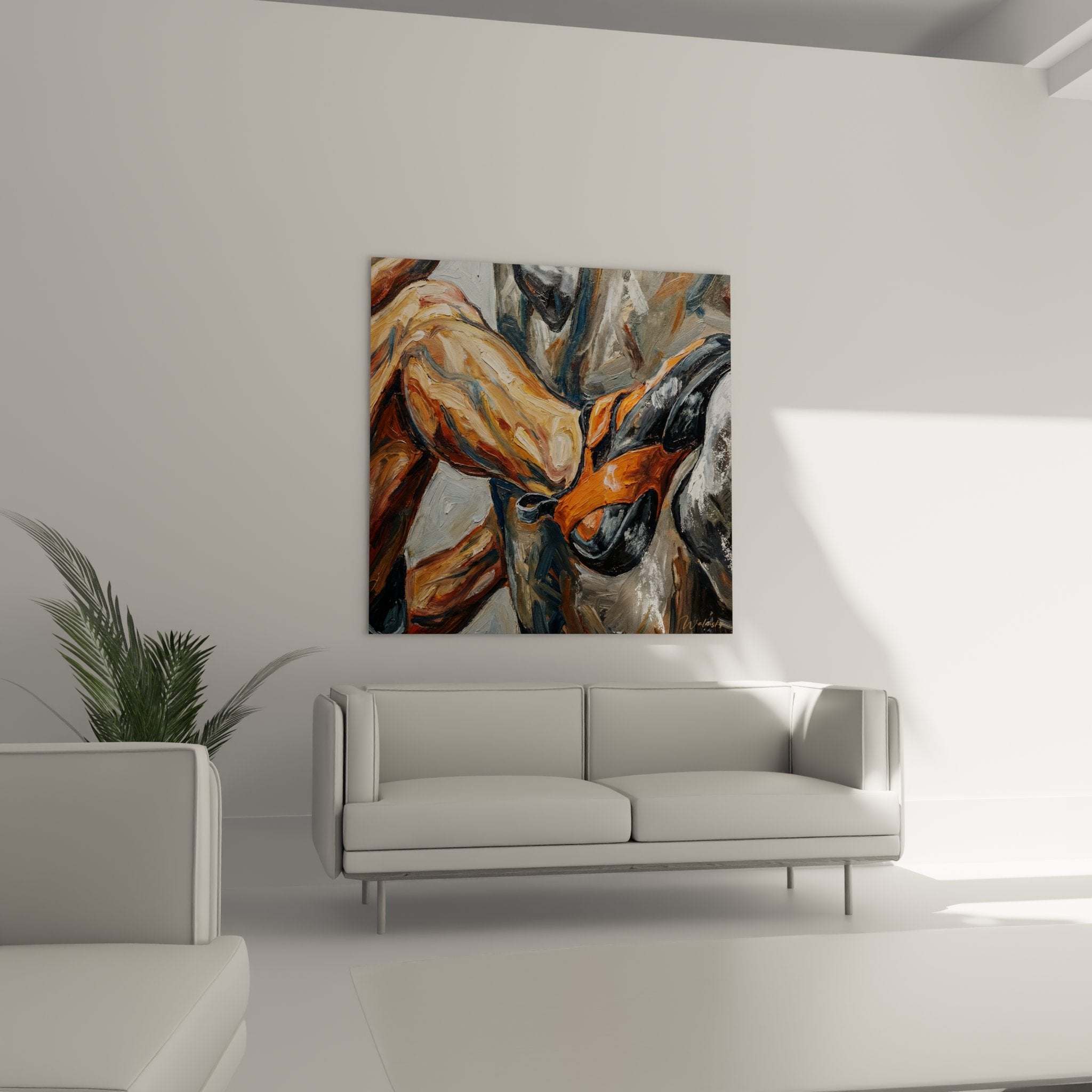 Detail peinture abstraite gestuelle, coups de pinceau orange et gris, matiere picturale visible