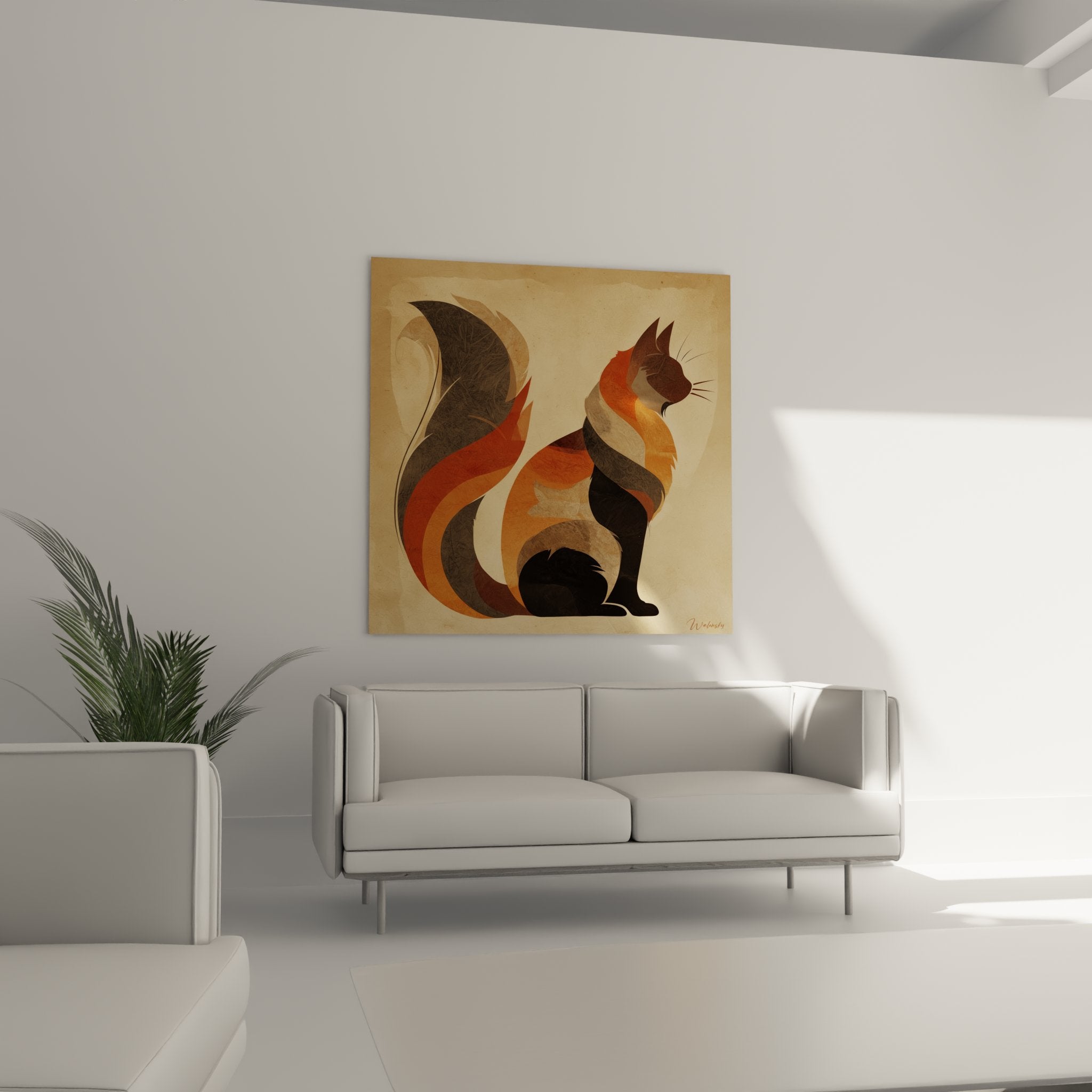 Détail tableau chat Somali stylisé, palette couleurs automnales orange roux brun, art graphique