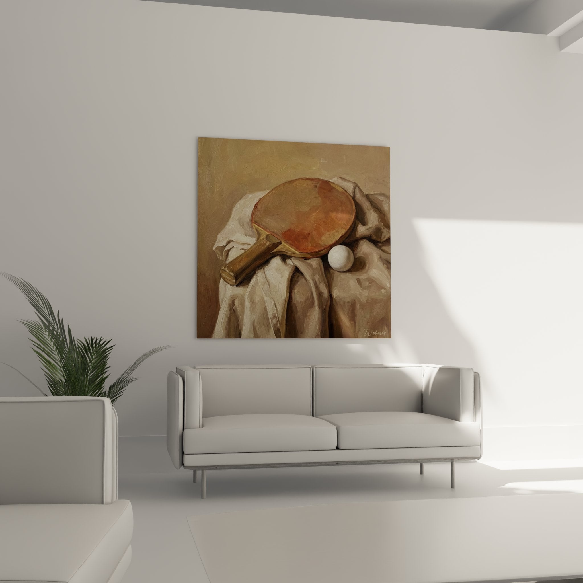 Détail rapproché raquette tennis de table vintage aux tons chauds avec balle blanche sur tissu froissé