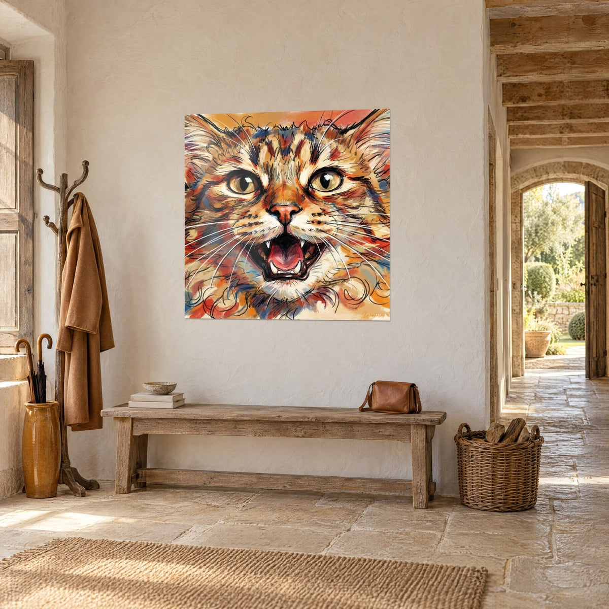 Quadro felino con baffi bianchi arruffati, pelo rosso e turchese, appeso accanto a un arco in pietra in un ingresso di campagna