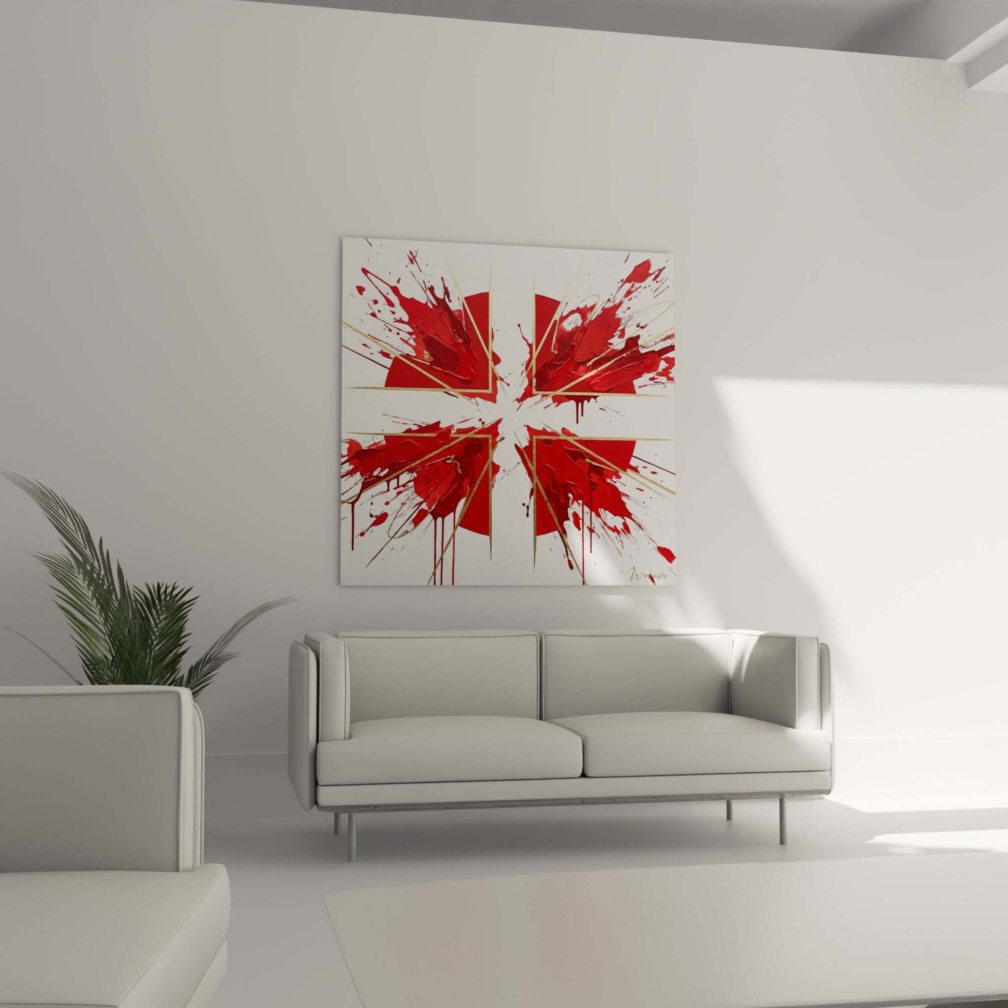 Dettaglio di schizzi di vernice rossa su Union Jack moderno - Tecnica artistica contemporanea