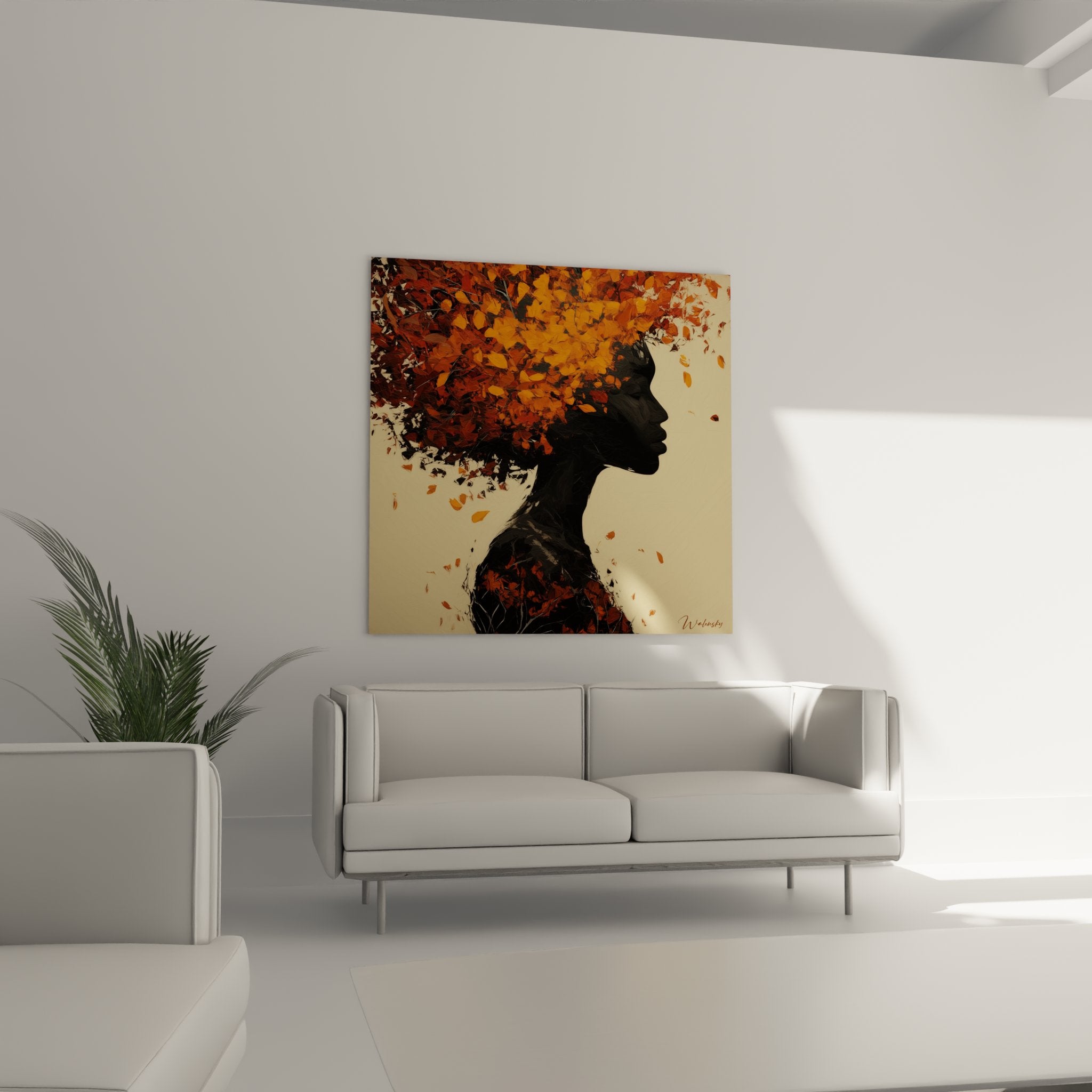 Détail rapproché tableau femme africaine cheveux feuillage automnal orange cuivré technique peinture