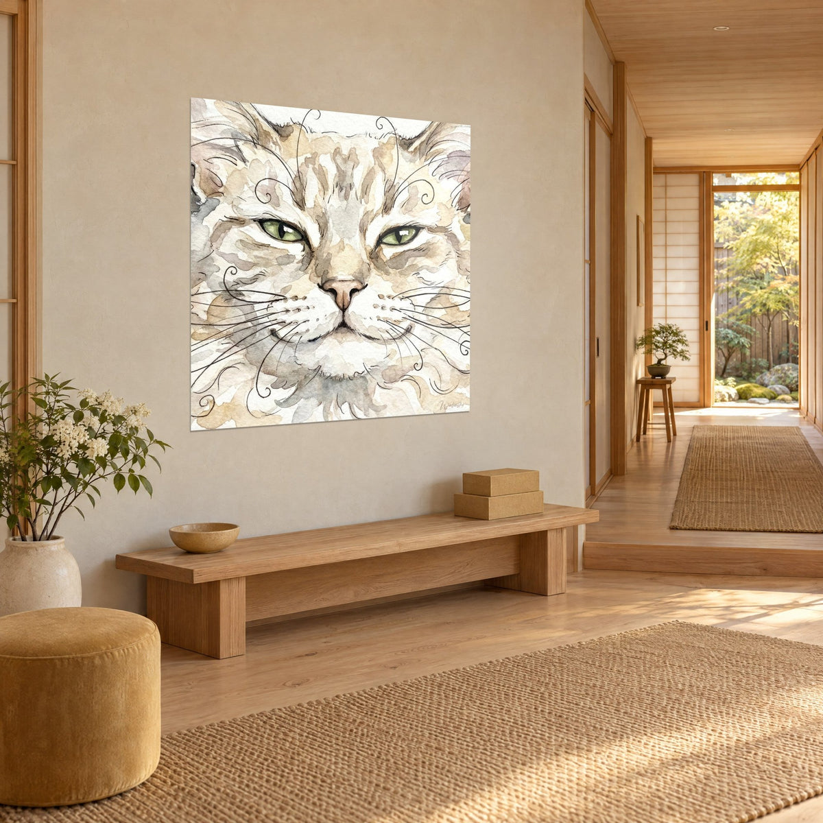 Schilderij aquarel kattensnuit, crème en taupe vacht, halfgesloten groene blik, aan een beige muur naast een japandi-gang