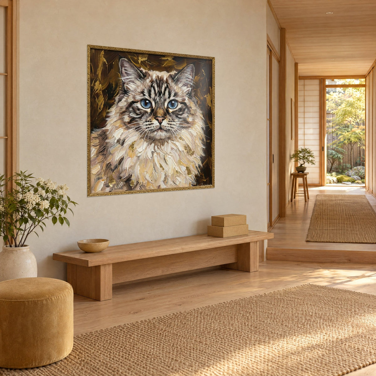 Tableau portrait félin aux yeux bleu ciel, museau rosé et rayures brunes sur le front, cadre doré, mur beige japandi