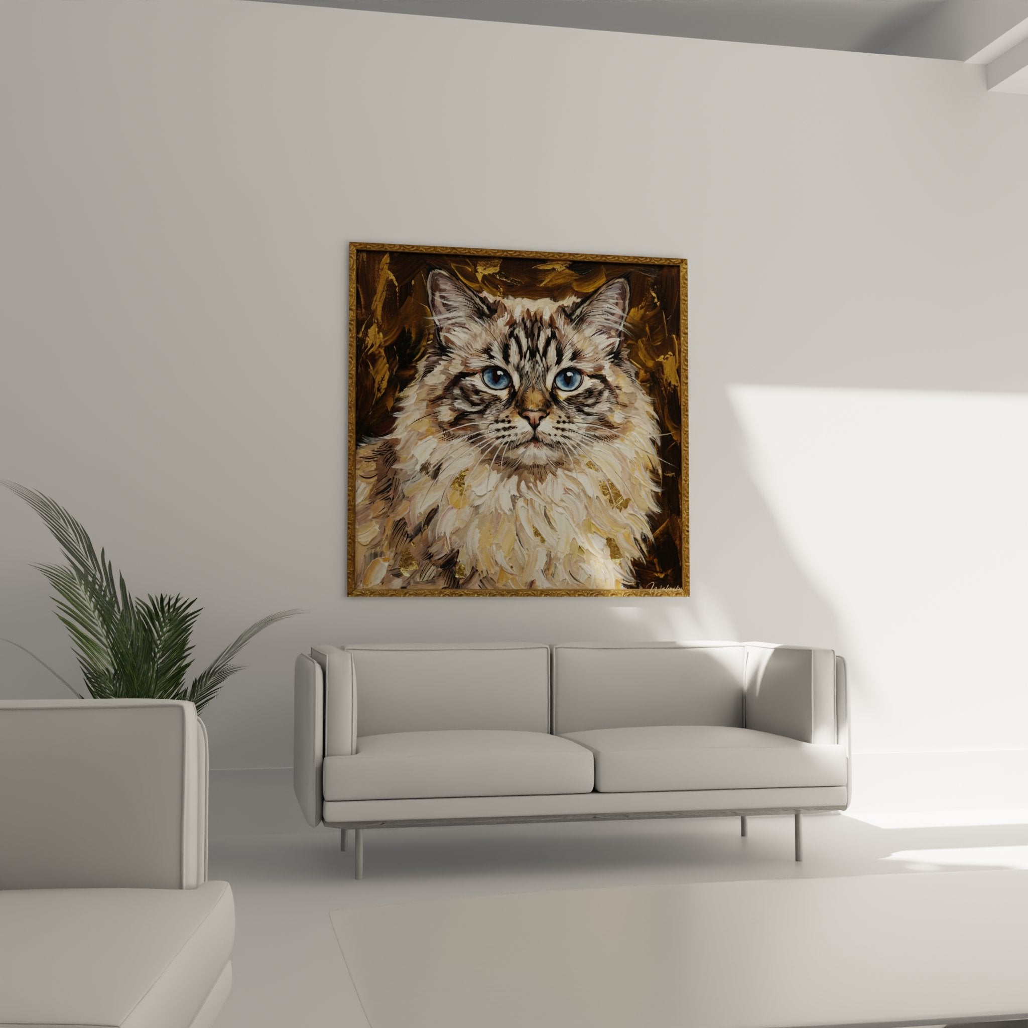 Gros plan sur tableau chat Himalayan montrant détails yeux bleus et texture pelage soyeux