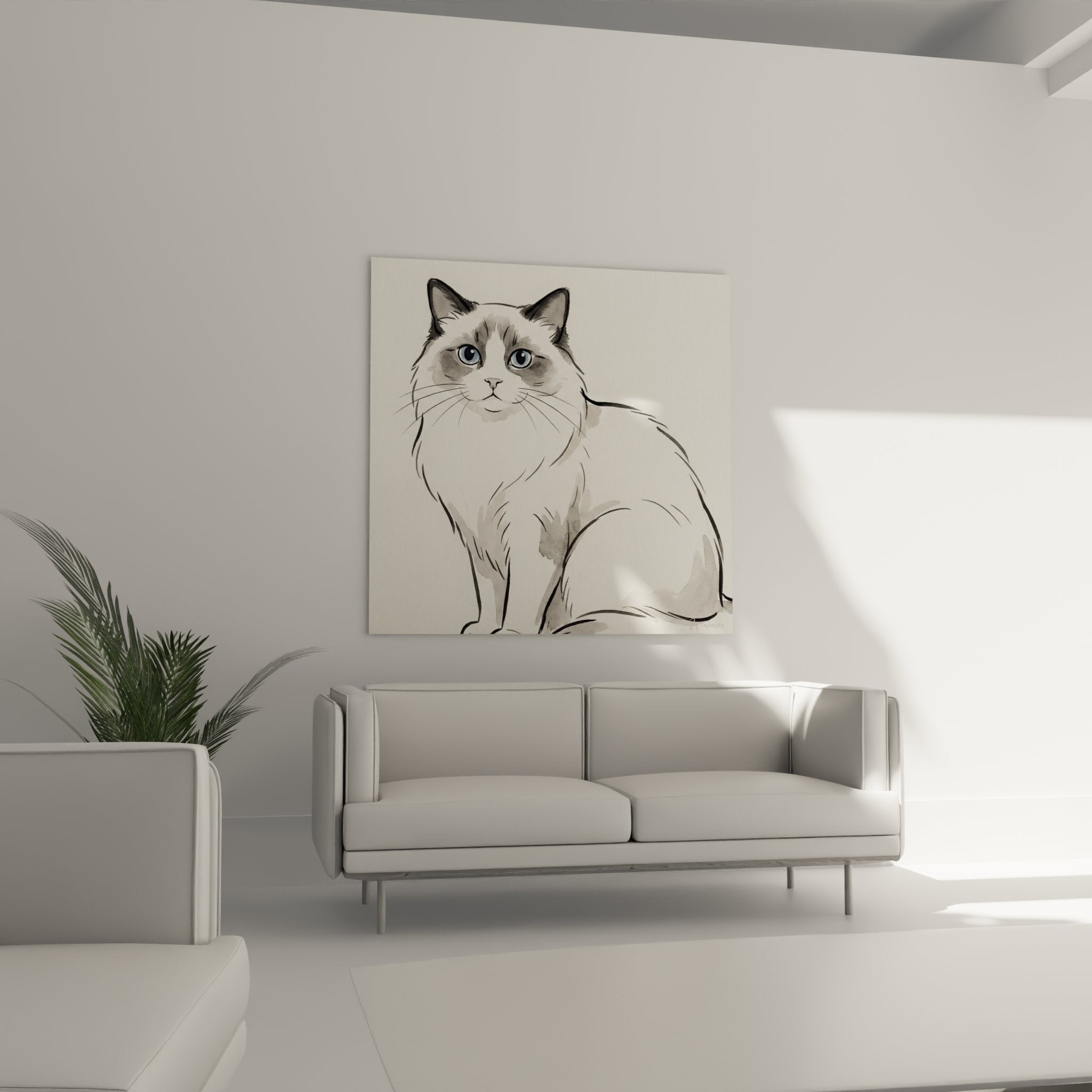 Dettaglio acquerello ritratto gatto Ragdoll, occhi azzurri affascinanti e mantello setoso dipinto con precisione artistica