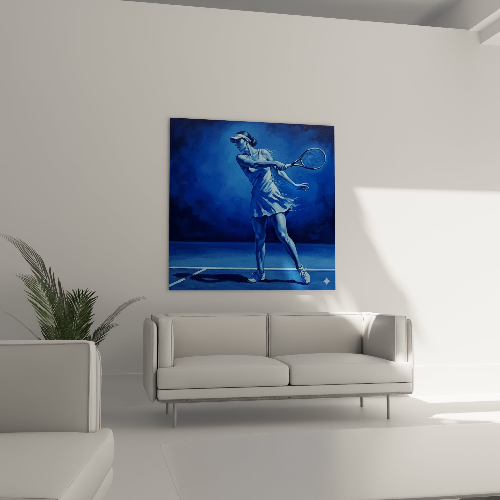 Detail tableau tennis peinture bleue joueuse raquette mouvement art sportif closeup