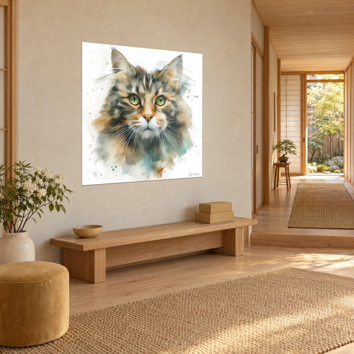 Wall art medium-haired cat, white whiskers and orange-pink nose, fawn and grey patches, three-quarter view, japandi hallway