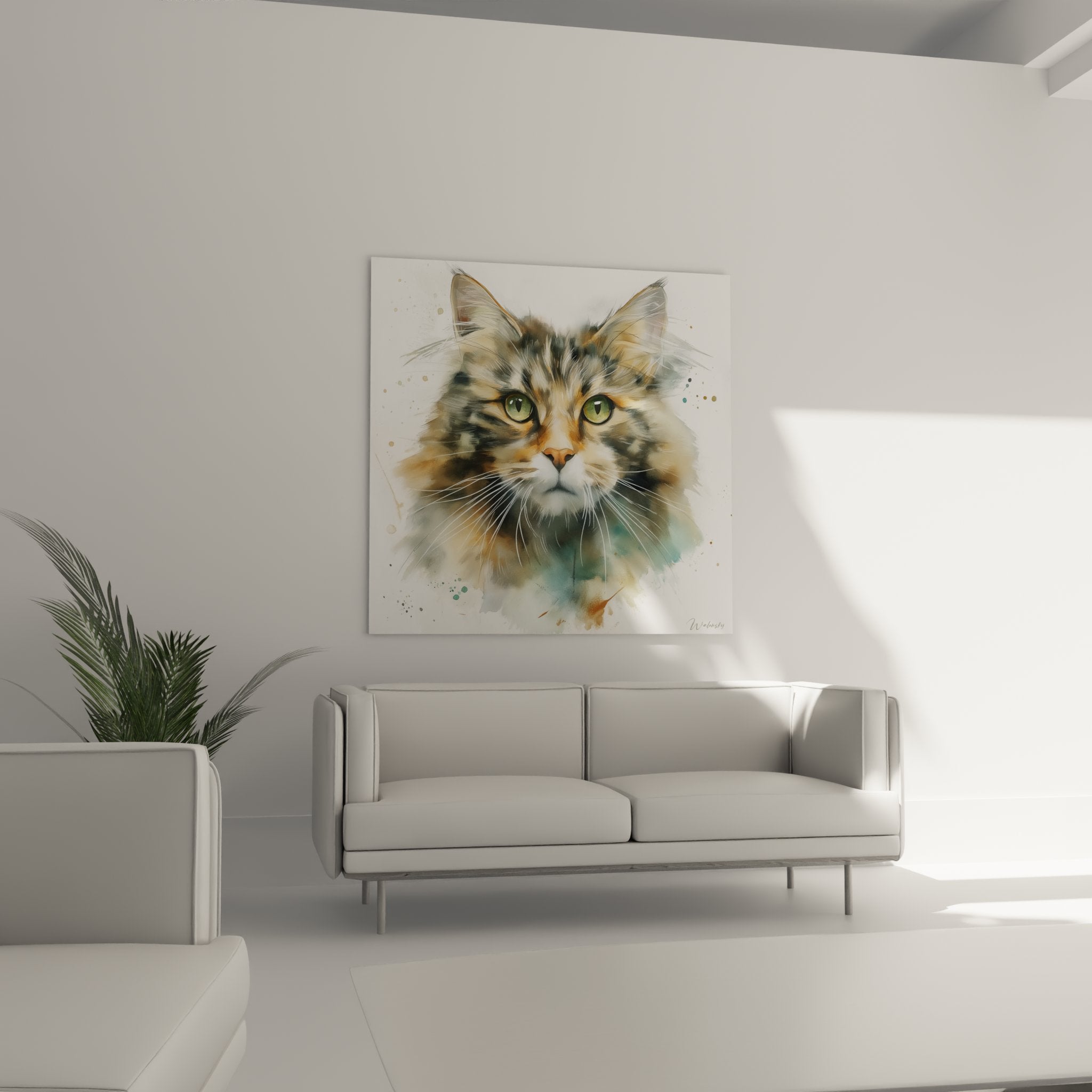 Gros plan tableau aquarelle American Bobtail, détails yeux verts perçants, texture pelage réaliste, art félin