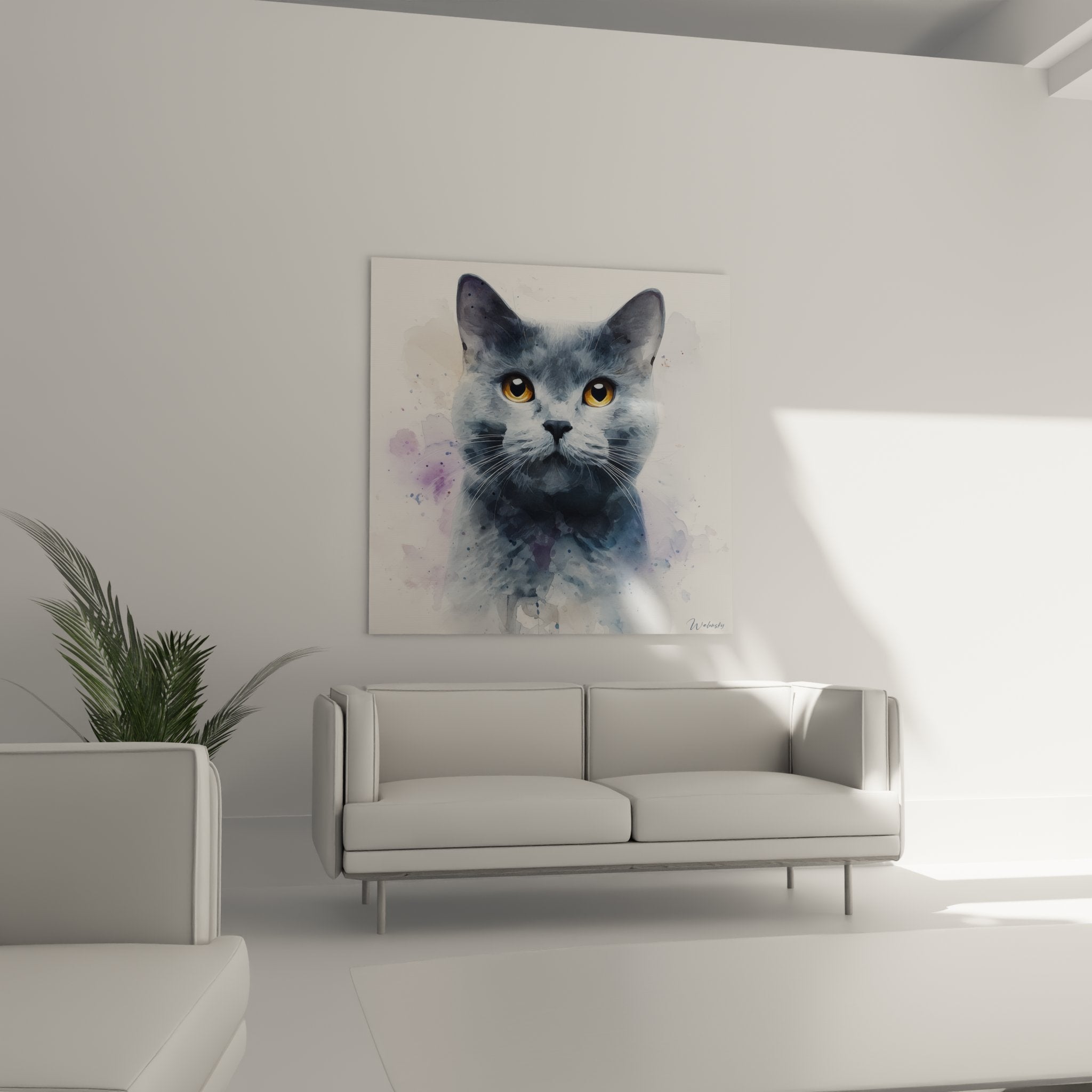 Gros plan tableau chat Chartreux, détails aquarelle et yeux dorés expressifs, art mural de qualité