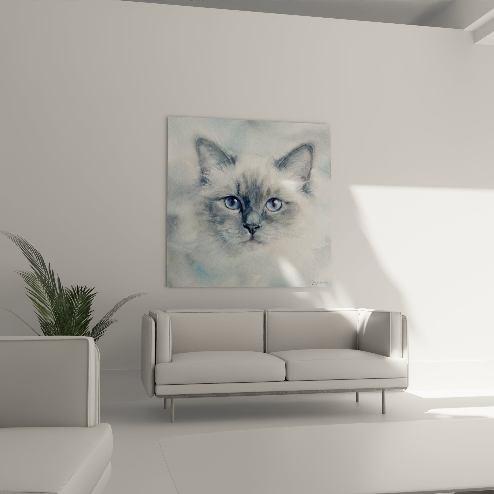 Detail of piercing blue eyes Birman cat, delicate and realistic watercolor technique on canvas