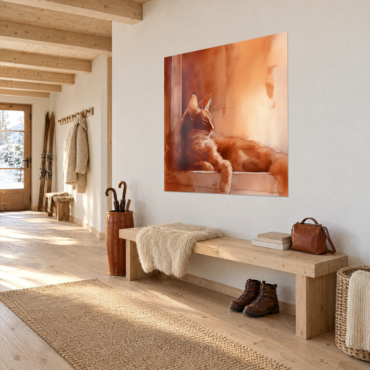 Quadro di un micino rosso dai baffi bianchi su un davanzale, toni terracotta e crema, vista a tre quarti in uno chalet