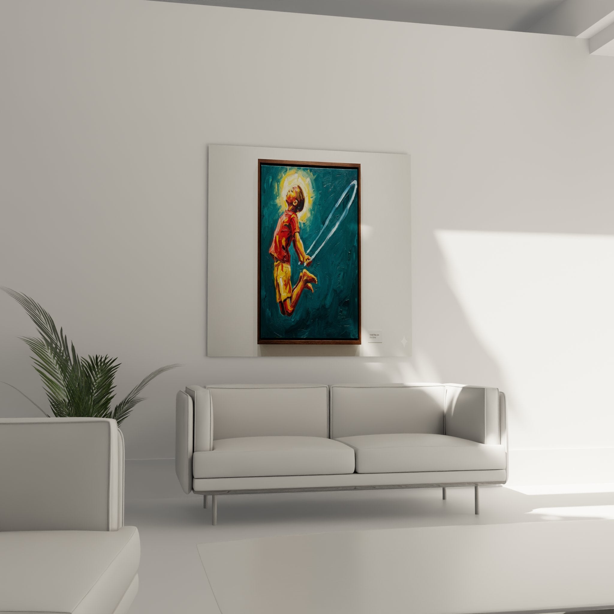 Detail peinture enfant corde sauter halo dore coups pinceau expressifs texture artistique