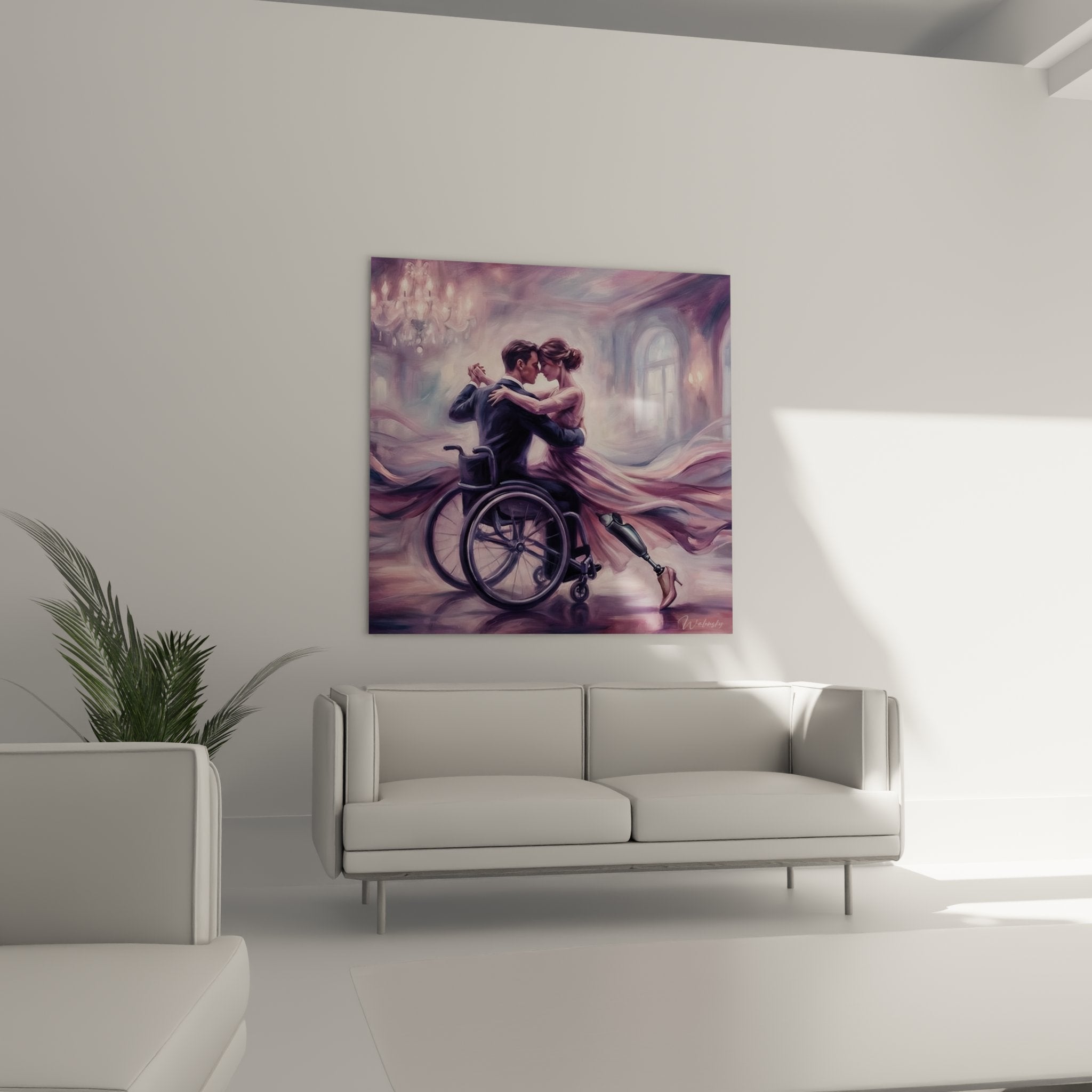 Detail tableau paralympique danse couple fauteuil roulant prothese elegance mouvement fluide art inclusif