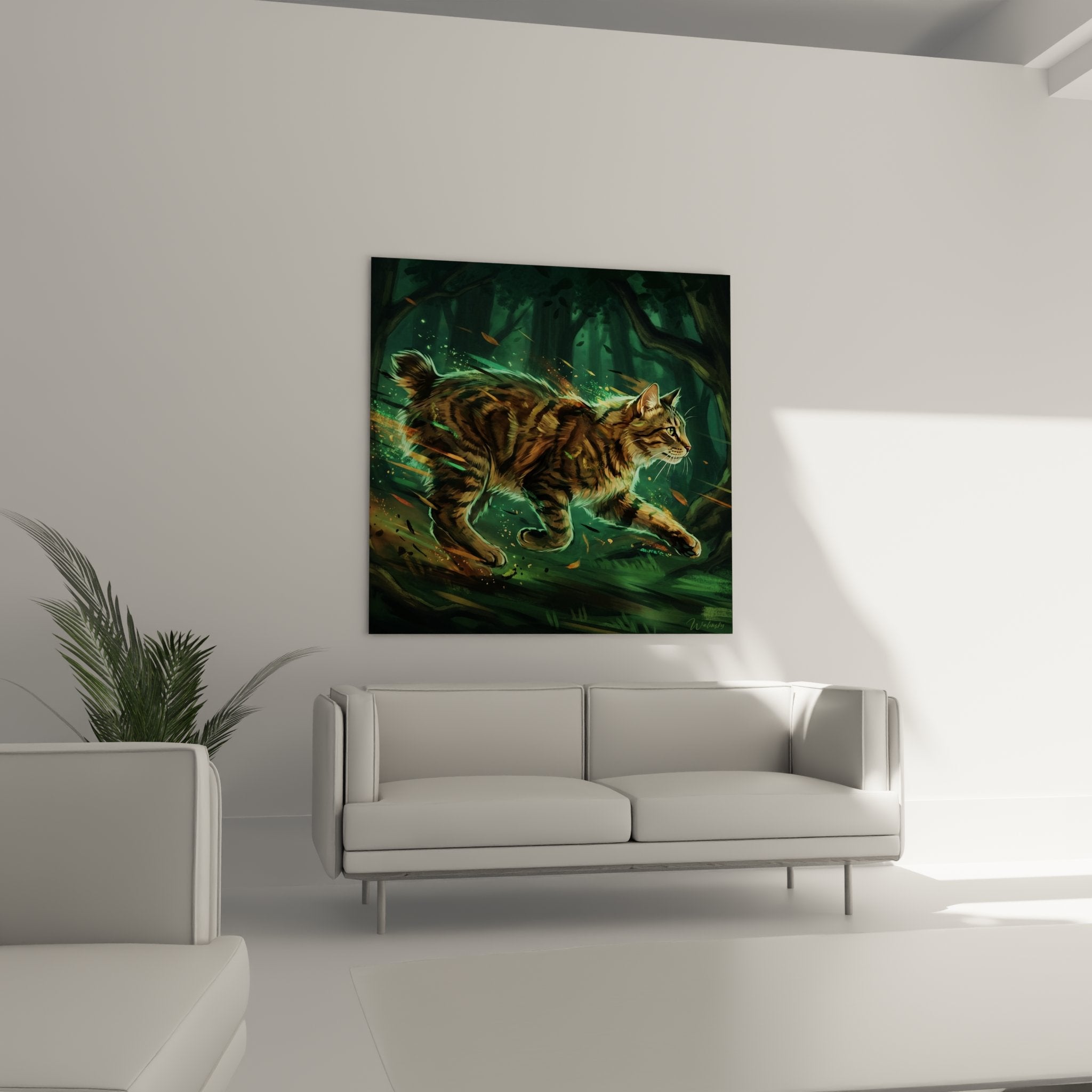Close-up detail of American Bobtail artwork showing tabby coat texture and mystical green light effects