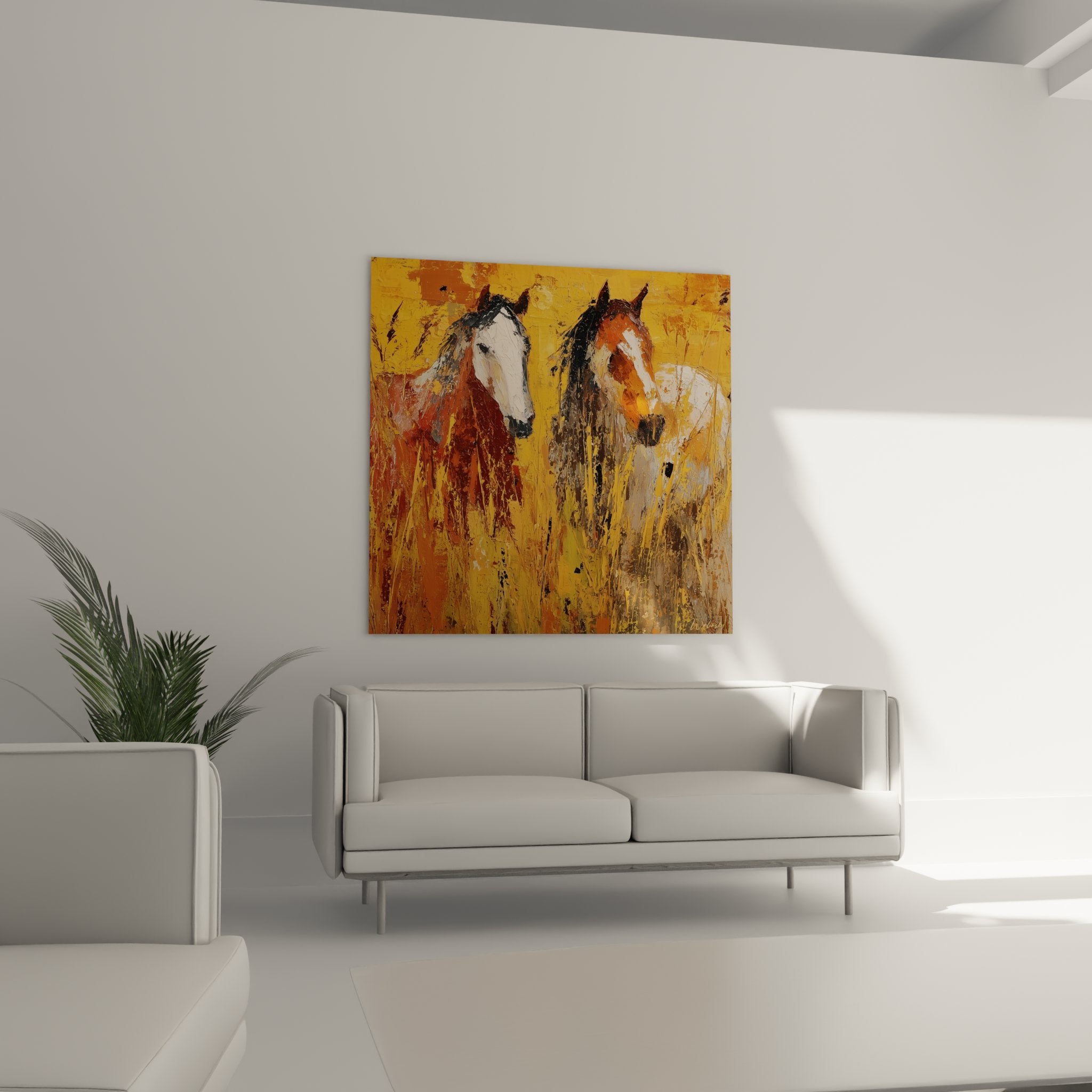 Detailansicht Gemälde Camargue-Pferde Textur Impasto Mähne und ausdrucksstarker Blick Wandkunst