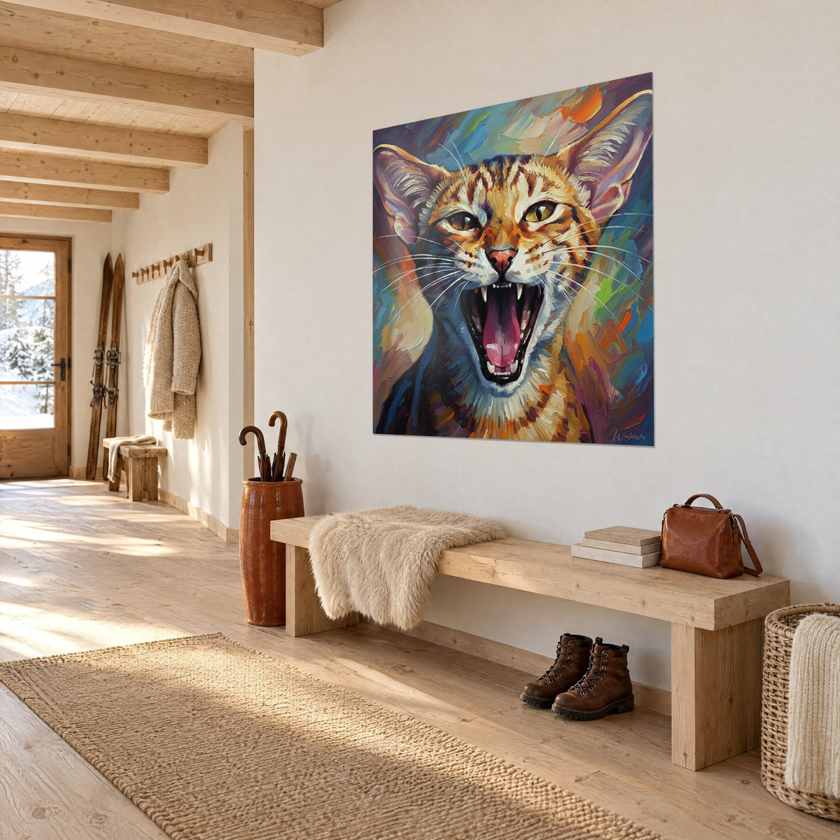 Schilderij van een Oriental Shorthair met open bek, grote roze oren en gouden ogen op blauwe en okerkleurige achtergrond, driekwart aanzicht, gang van een chalet