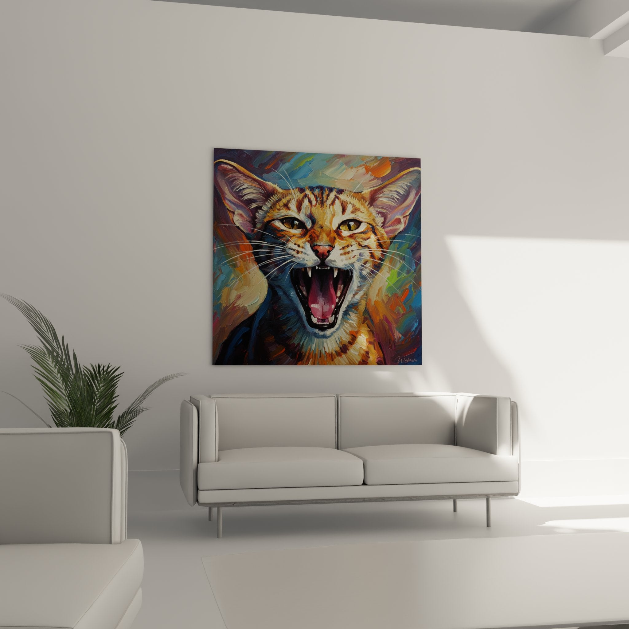 Detail Gemälde orientalische Kurzhaarkatze offenes Maul gelbe Augen weiße Schnurrhaare expressiv