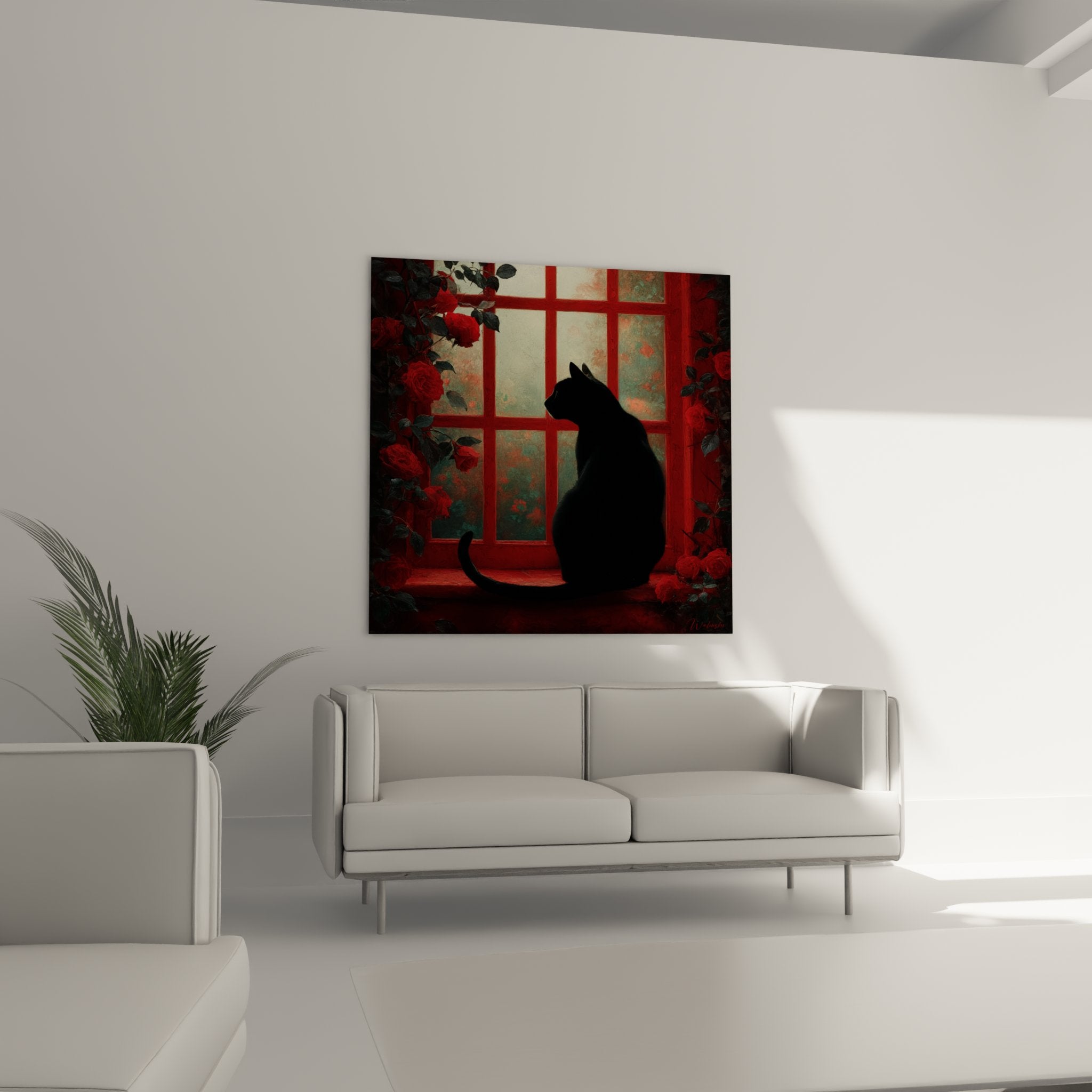 Dettaglio silhouetta gatto nero che contempla rose rosse attraverso finestra con montanti rosso vermiglio