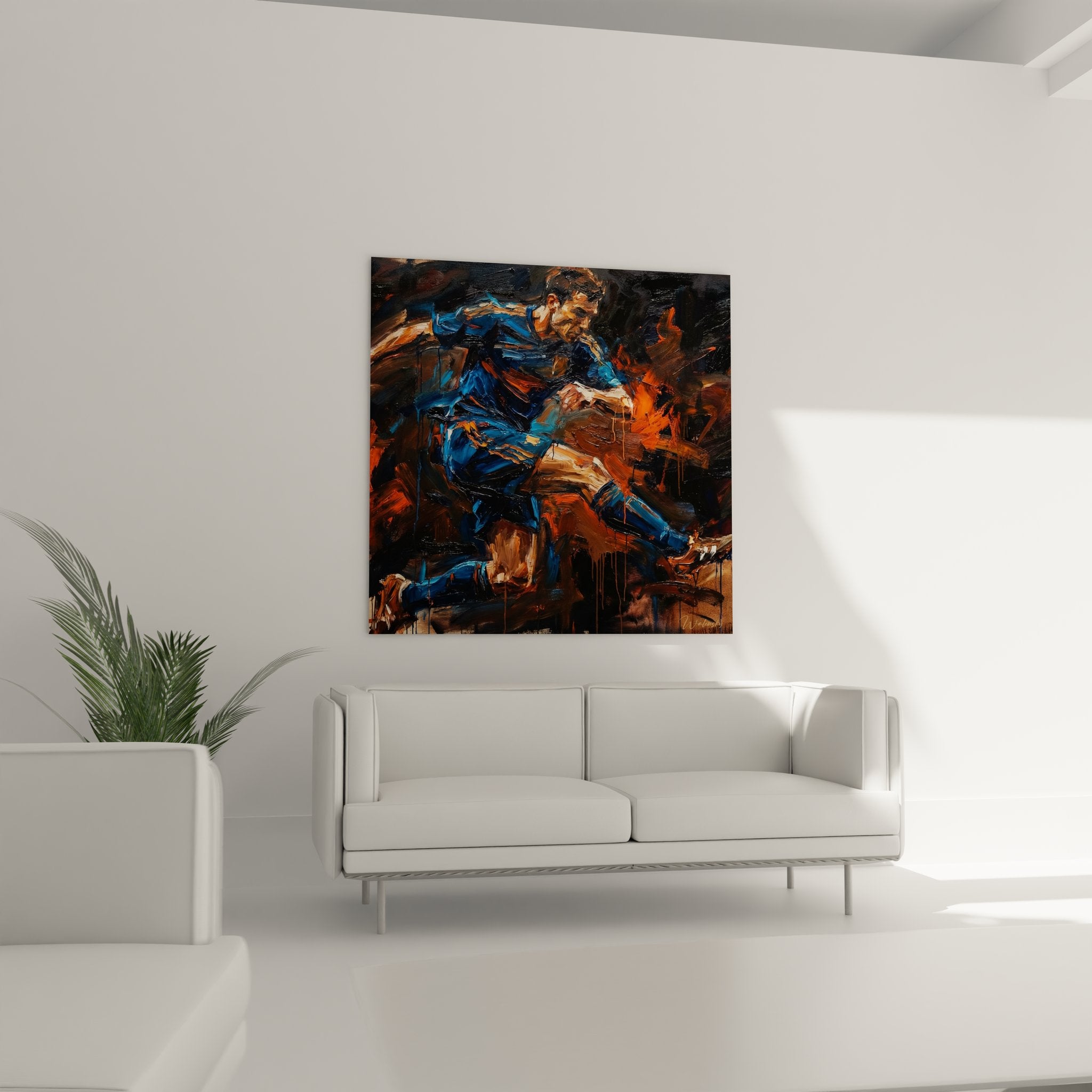 Detail peinture footballeur expressionniste coups de pinceau dynamiques texture artistique moderne