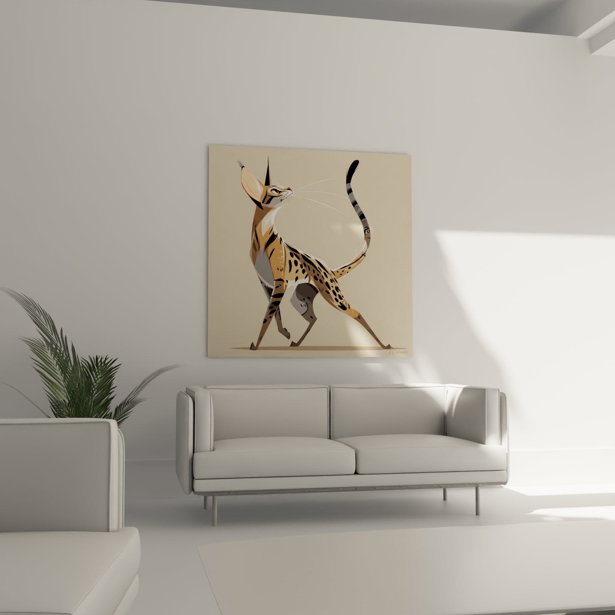 Détail du tableau chat Savannah montrant les motifs tachetés et le style graphique contemporain