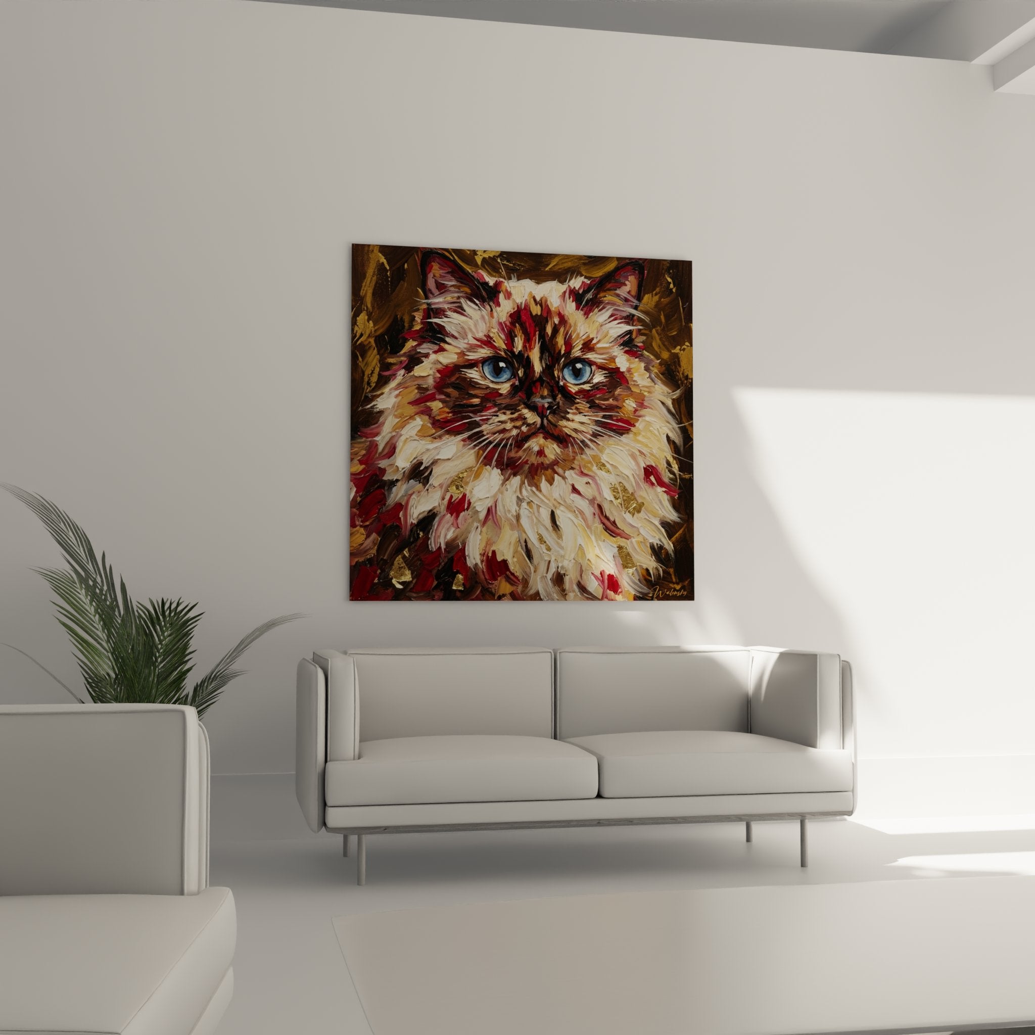 Détail rapproché peinture chat Himalayan montrant texture coups pinceau et regard bleu intense