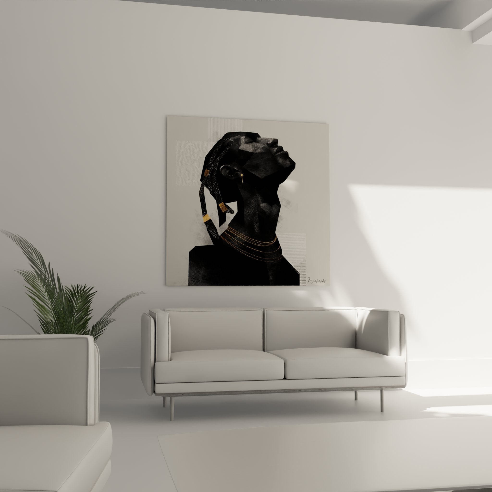 Dettaglio ravvicinato del quadro che mostra le texture dorate e i tratti delicati della donna africana