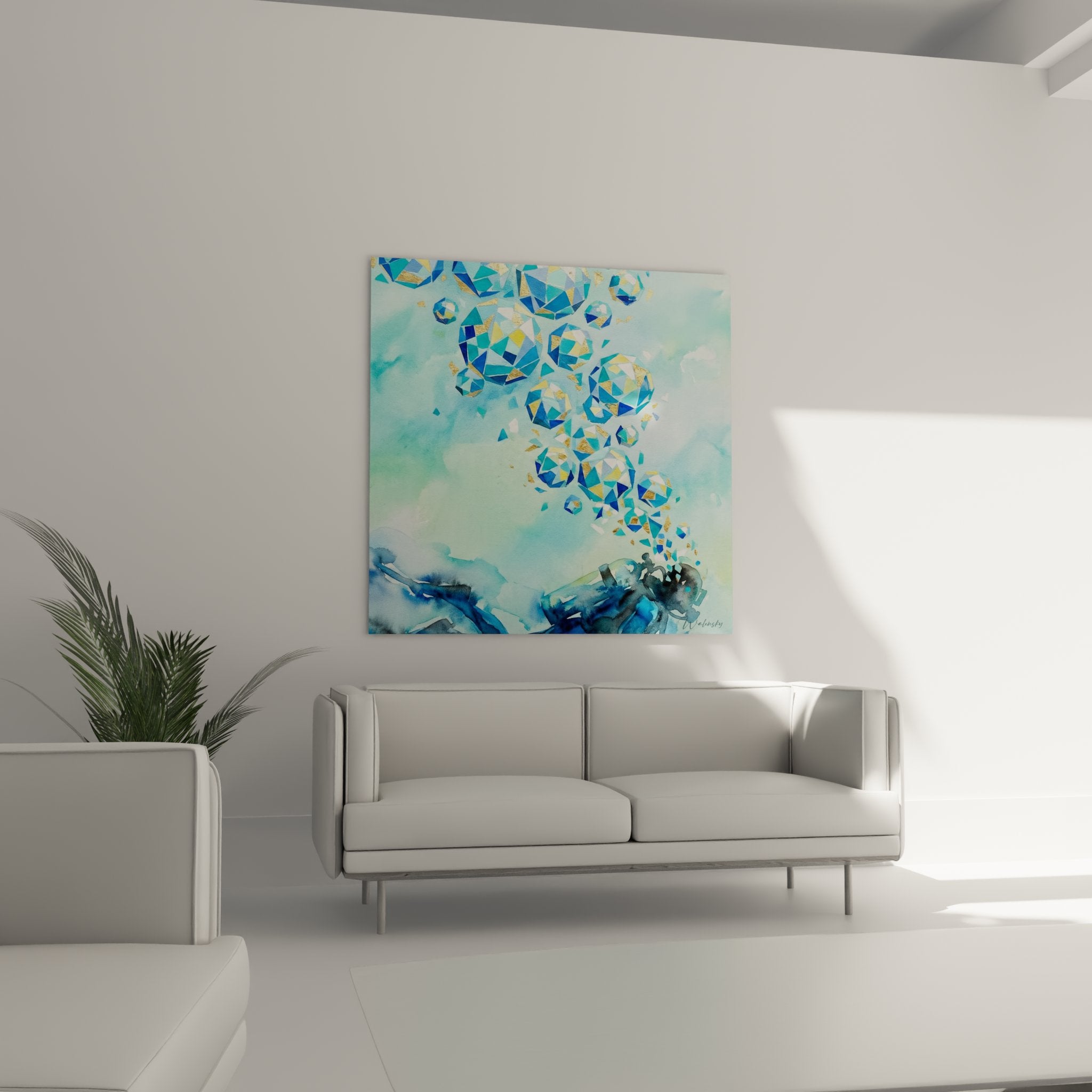 Close-up detail of geometric golden air bubbles underwater diving painting modern aquatic art