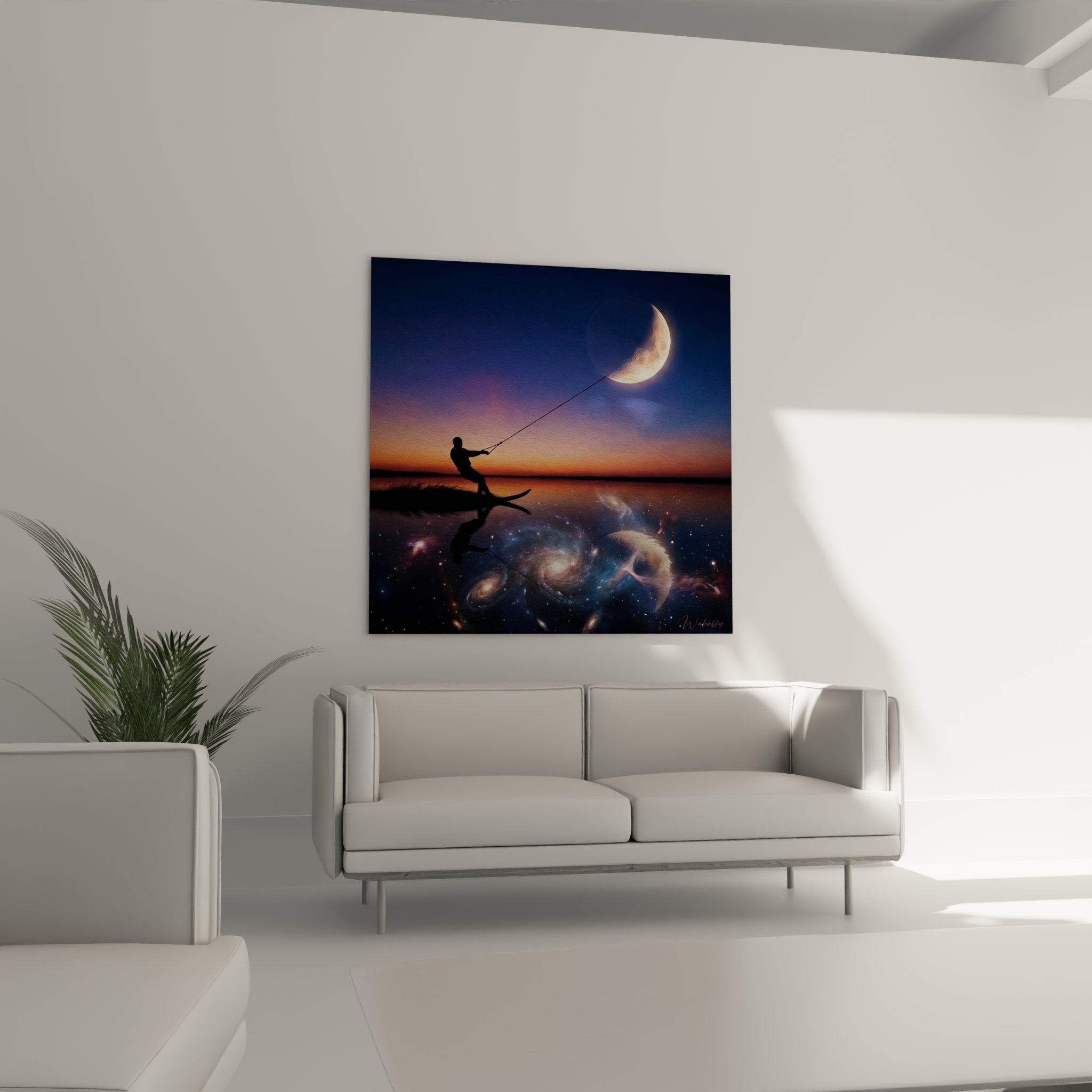 Détail tableau ski nautique lune avec skieur silhouette et reflets cosmiques nébuleuses colorées