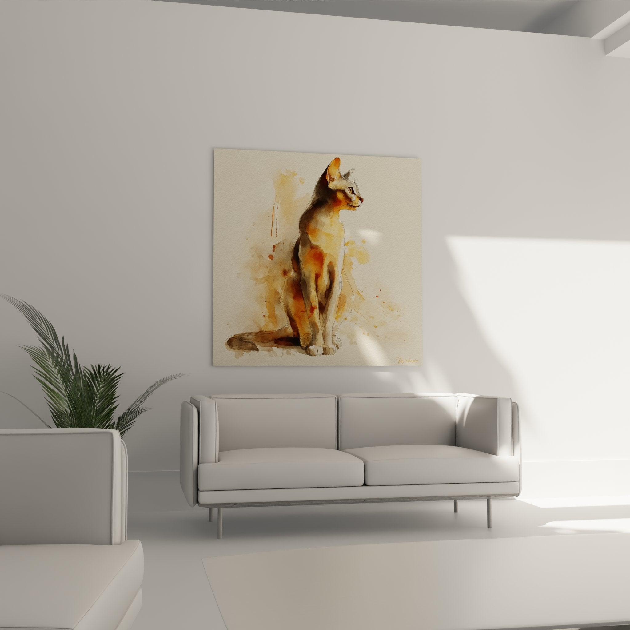 Dettaglio ravvicinato dipinto acquerello gatto Abissino che mostra la tecnica del pennello, colori ocra e tratti delicati del mantello