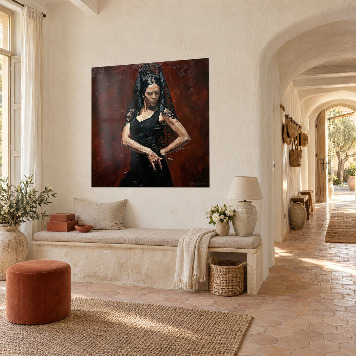 Wall art gypsy woman with closed eyes, arms crossed and ebony veil on a burgundy background, three-quarter view in a Provençal farmhouse