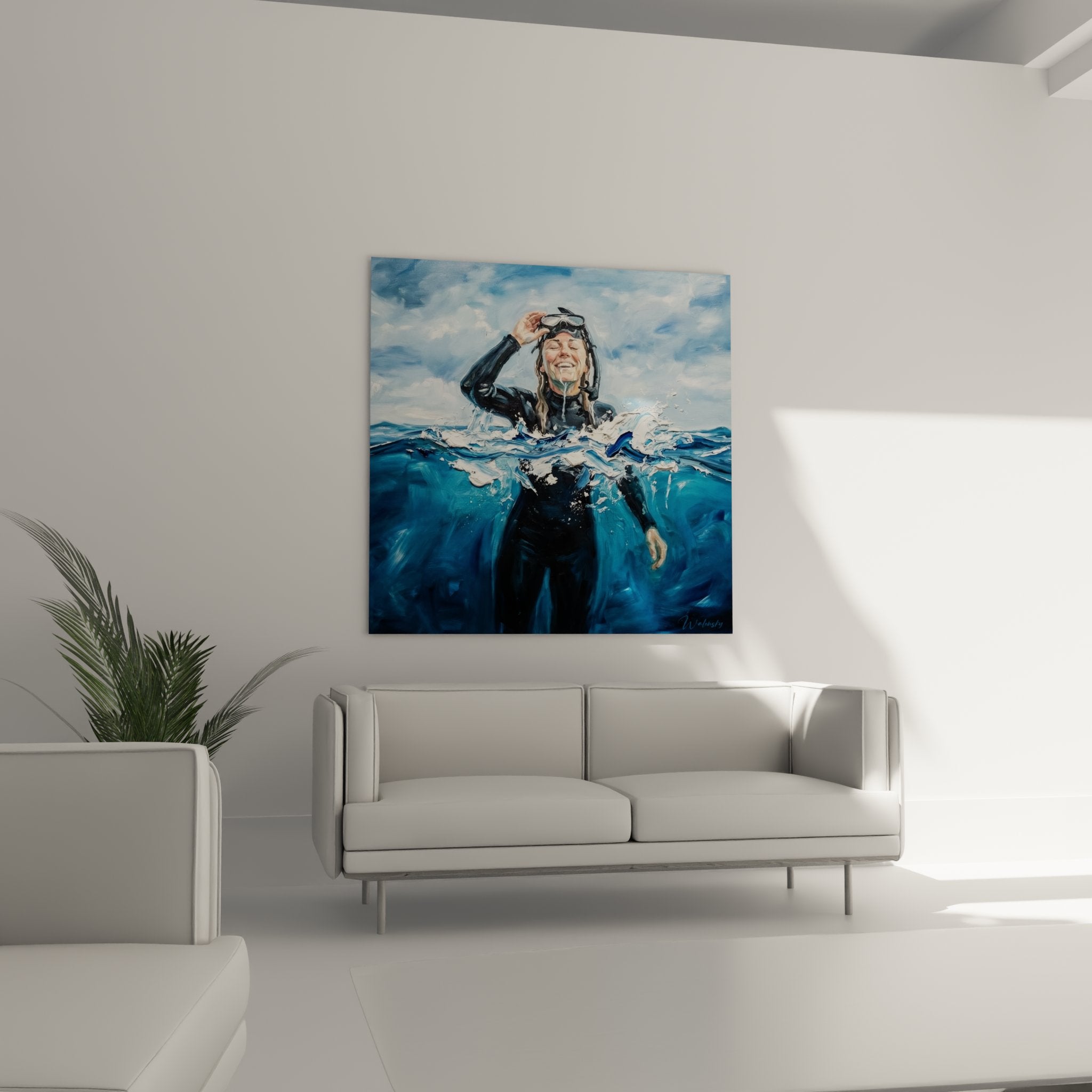 Detail painting smiling diver face diving mask realistic pictorial technique underwater art