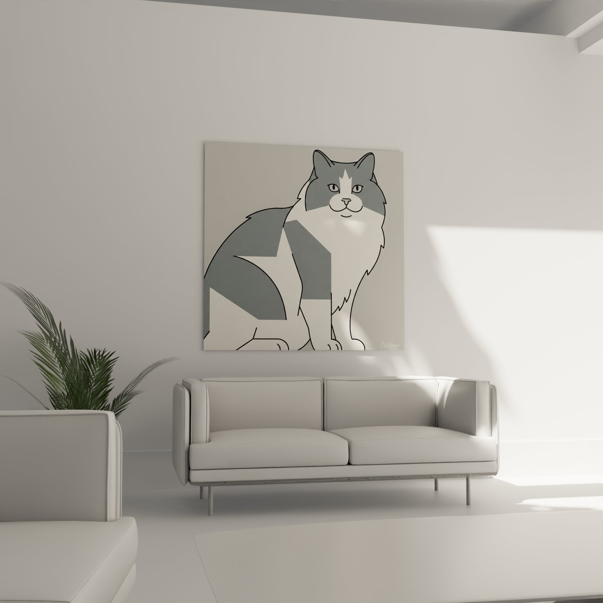 Gros plan du tableau chat Ragamuffin montrant les détails du pelage gris-blanc et l'expression sereine du félin