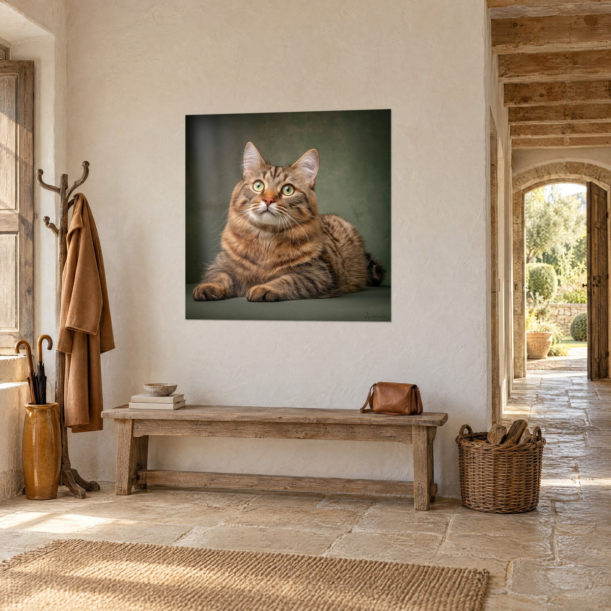 Tableau portrait de matou rayé brun et roux, regard vert levé, vu de trois-quarts sur un mur crépi beige, entrée en pierre