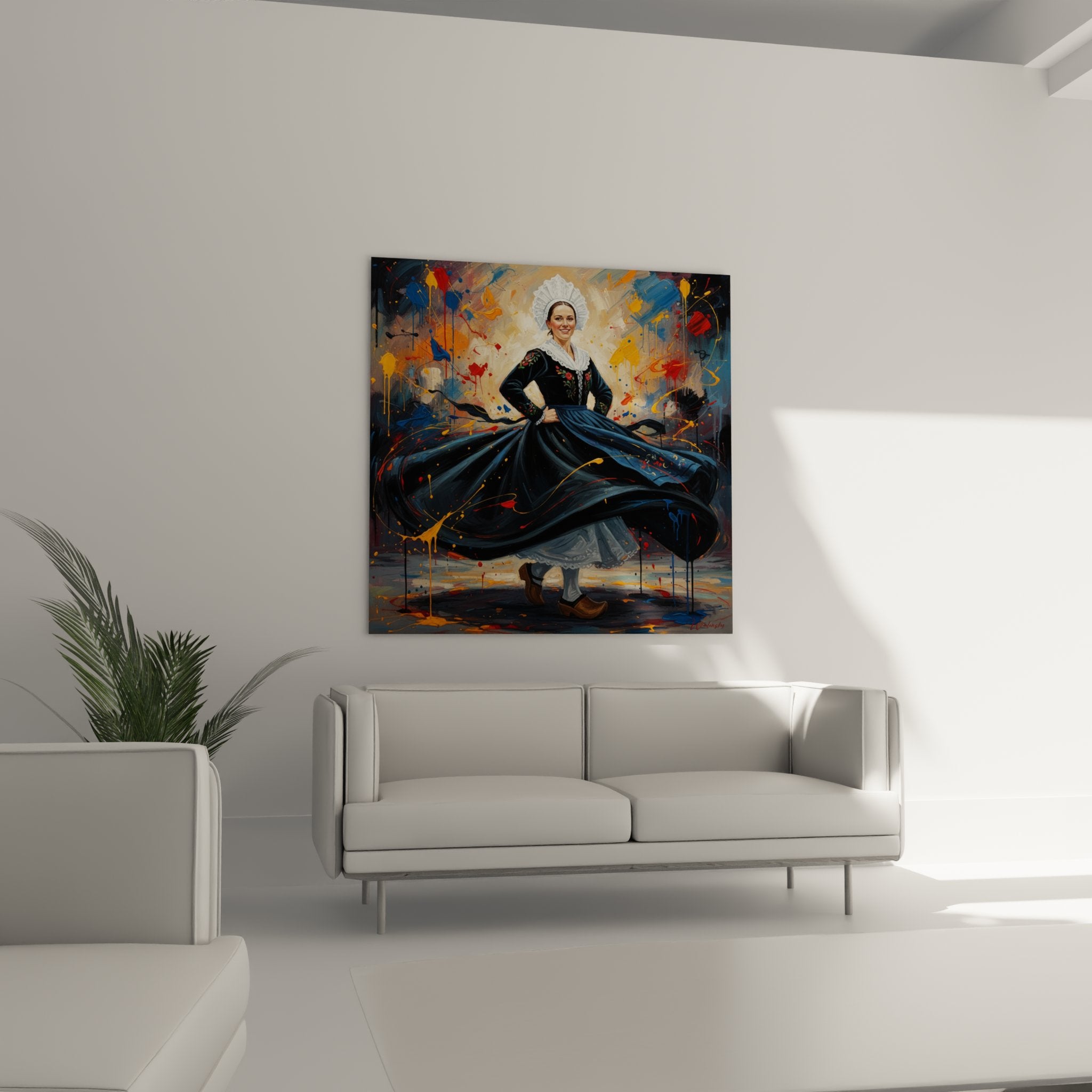 Detail costume breton authentique avec coiffe blanche et broderies florales sur robe noire