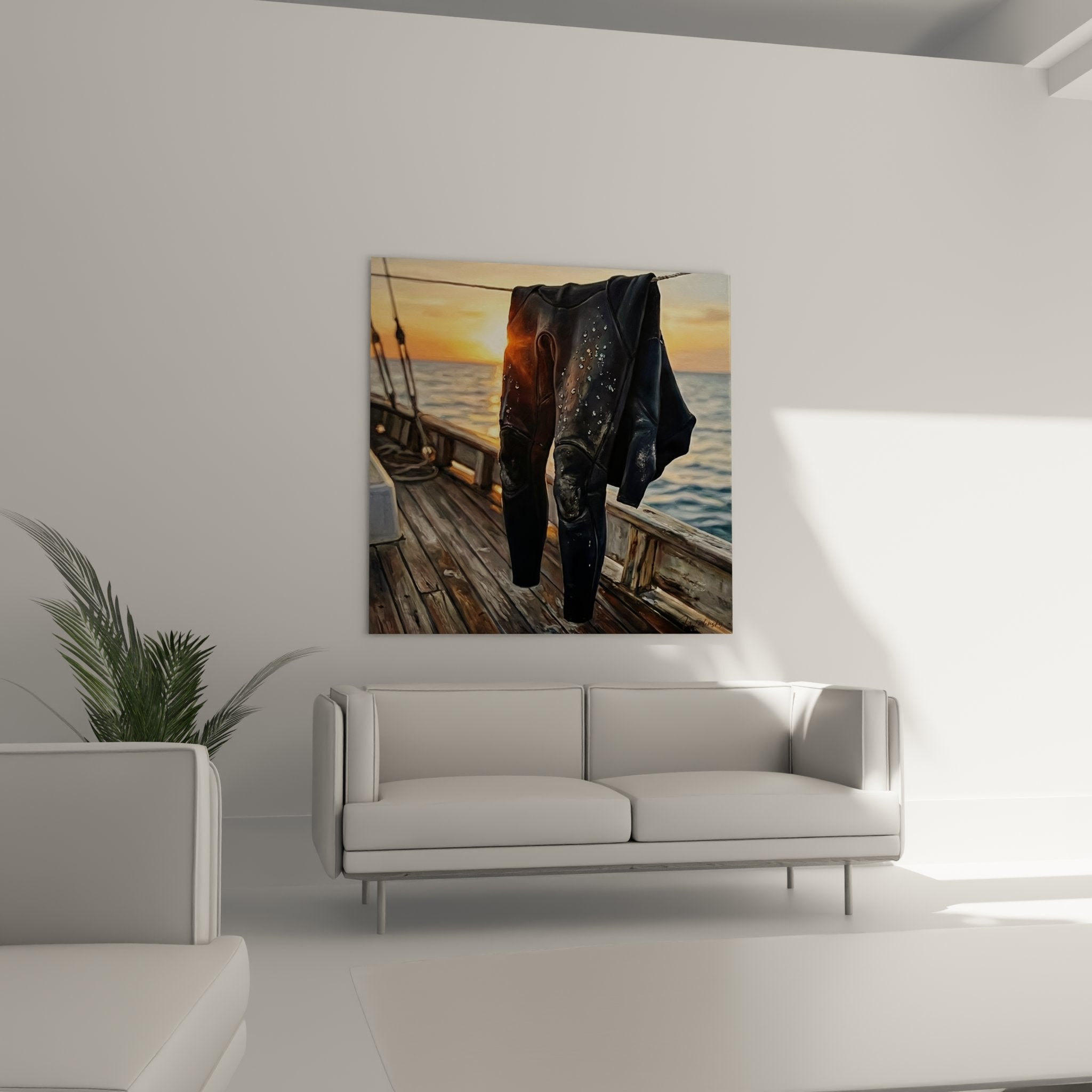 Detail tableau peinture combinaison neoprene humide avec gouttelettes, realisme art plongee sous-marine